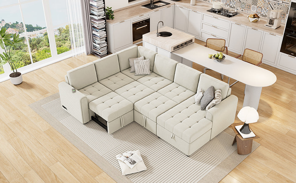 Beige U-Shaped Corduroy Sofa – Spacious 5-Seat Sectional with Pocket Springs, Removable Backrests & Durable Plywood Frame