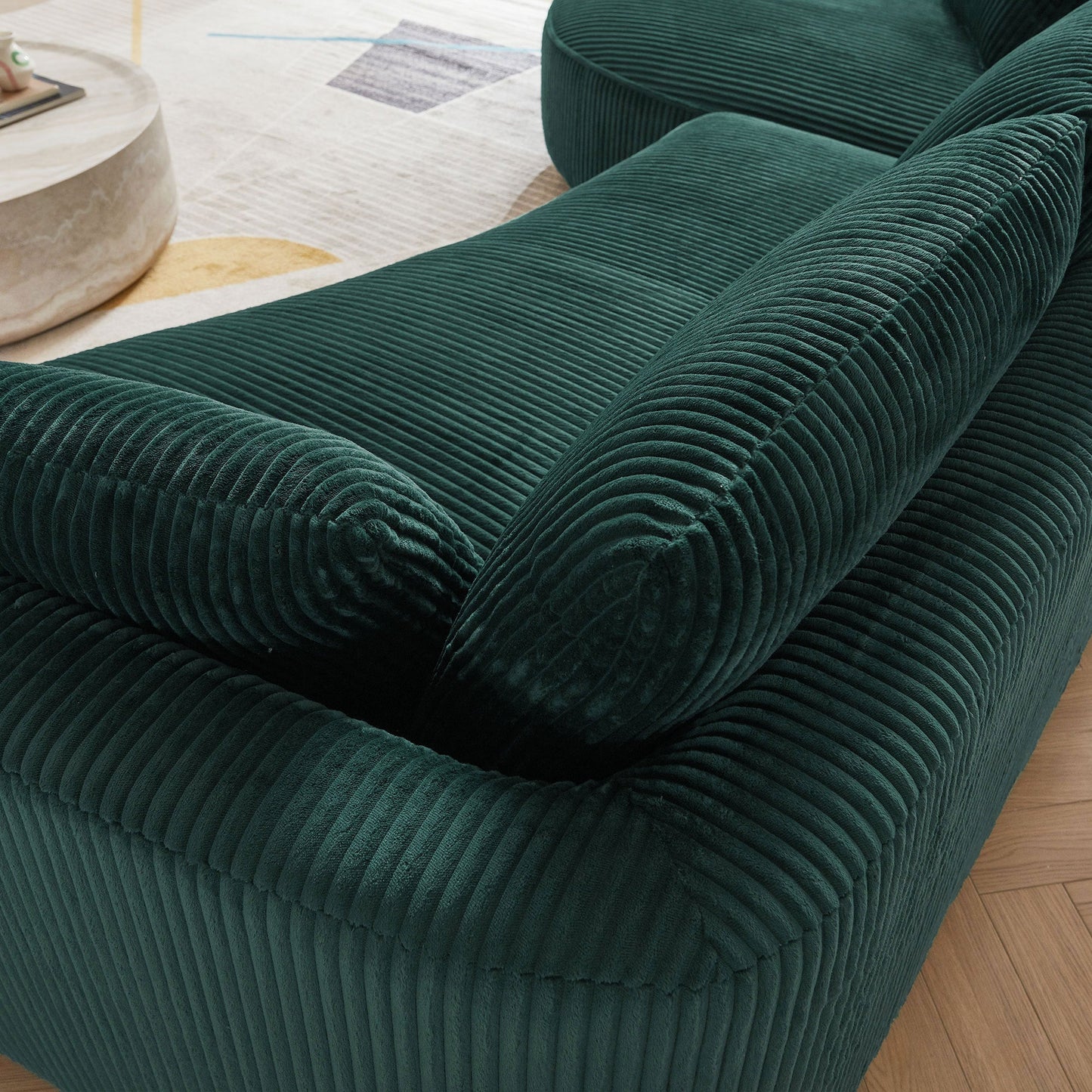 Oversized Modern Sectional Sofa with Left Chaise – Green Corduroy Upholstery, 6 Throw Pillows