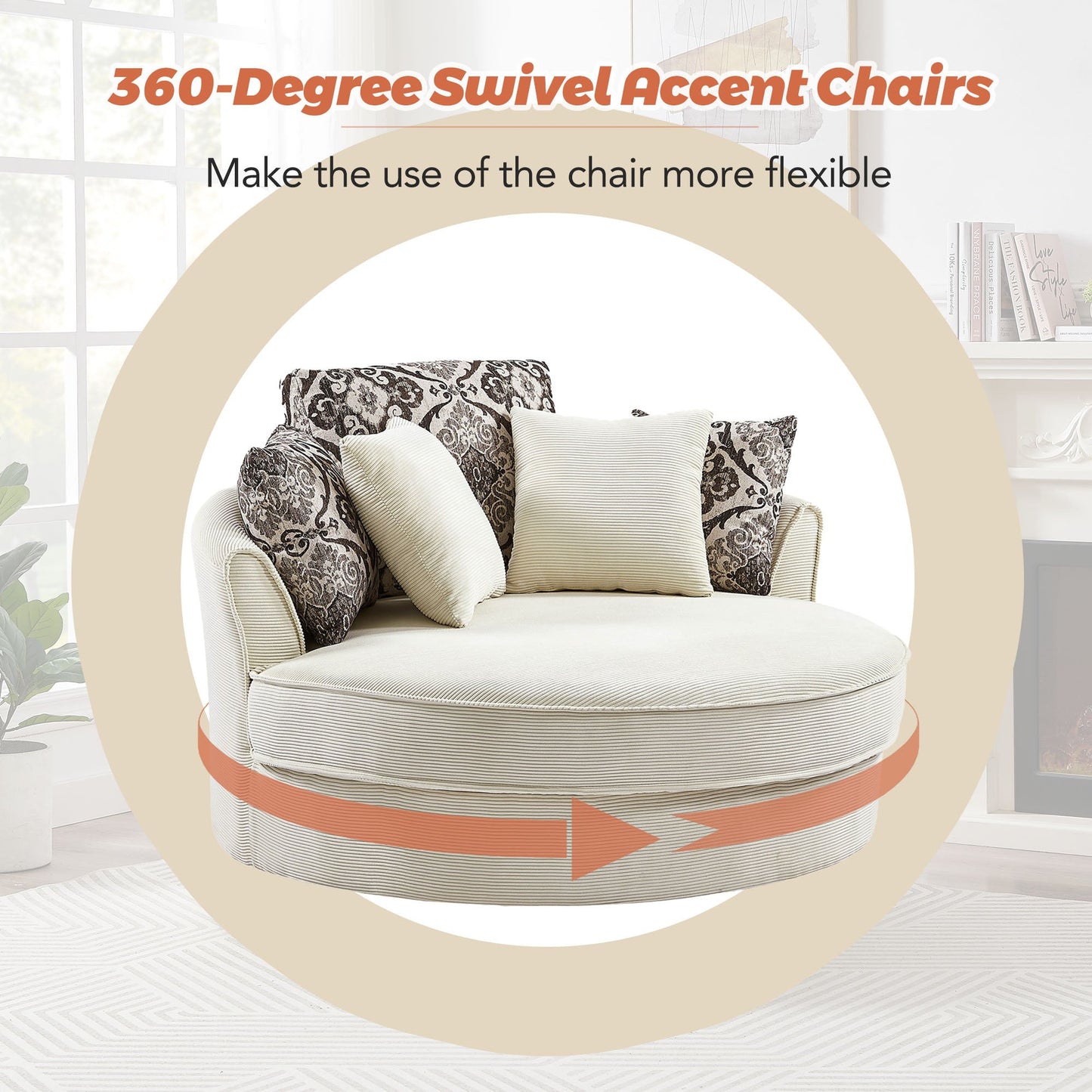 Beige 360° Swivel Accent Chair – Corduroy Upholstery with Detachable Pillows