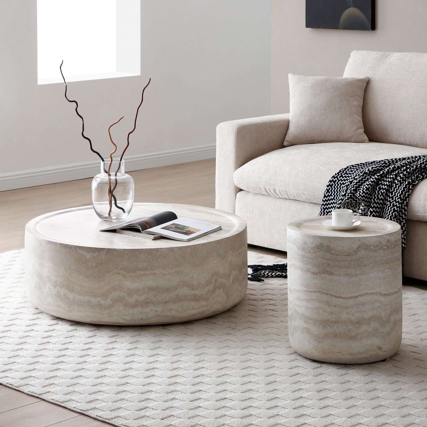 Set of 2 Modern Faux Travertine Round Tables – 35.4" Coffee Table & Matching Side Table – No Assembly, Durable Fiberglass, Marble Finish