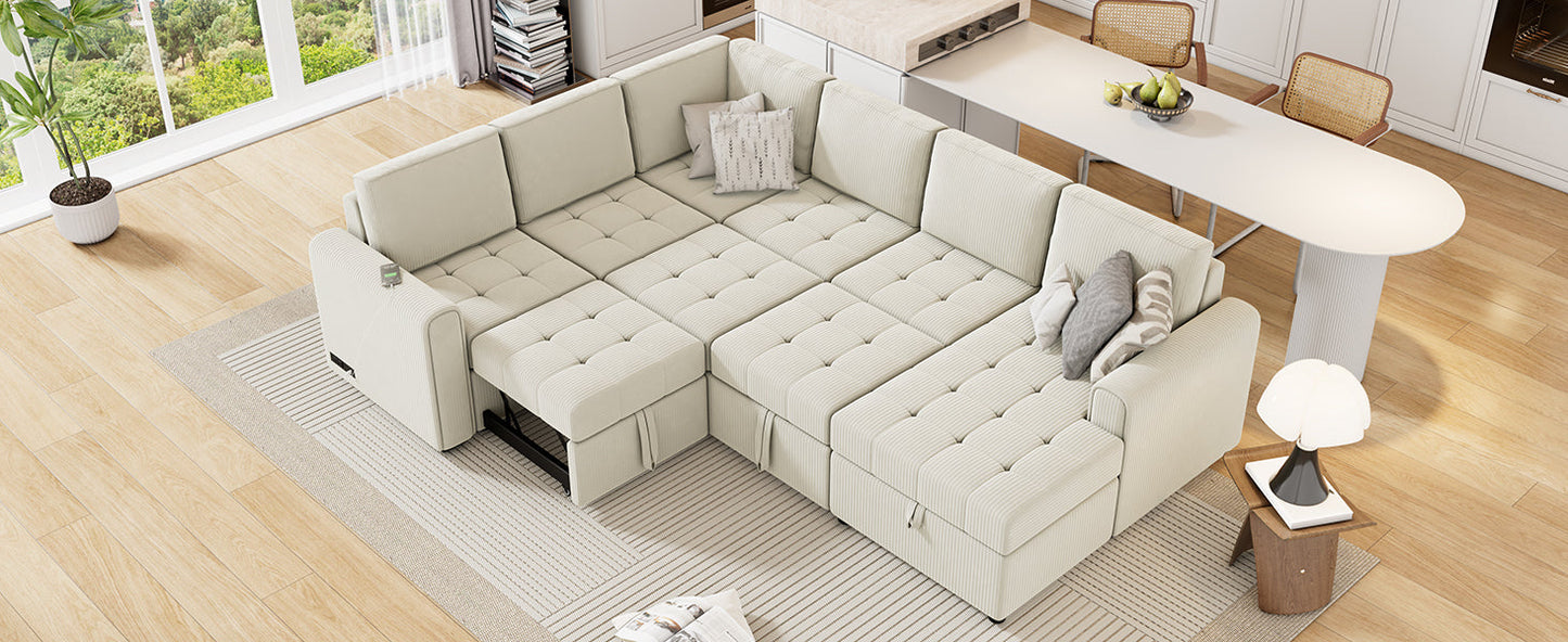 Beige U-Shaped Corduroy Sofa – Spacious 5-Seat Sectional with Pocket Springs, Removable Backrests & Durable Plywood Frame