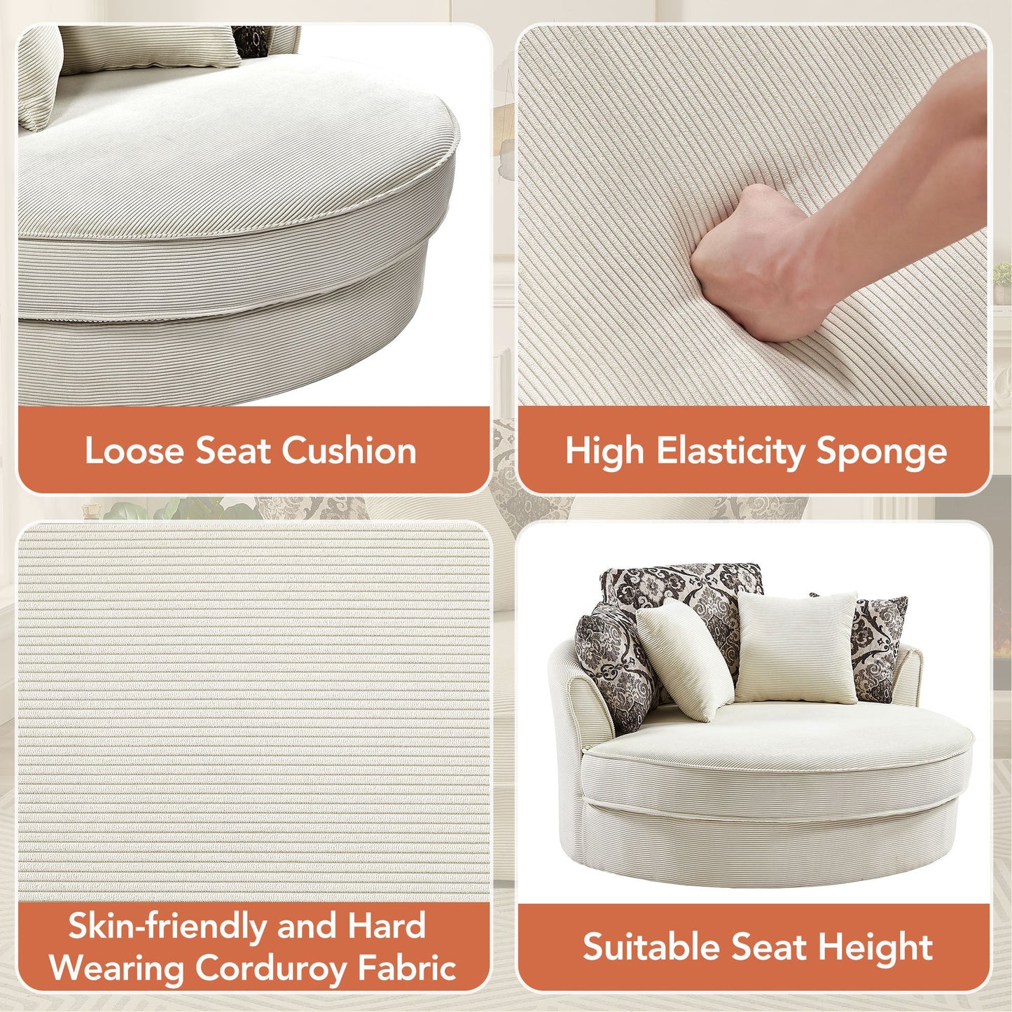 Beige 360° Swivel Accent Chair – Corduroy Upholstery with Detachable Pillows
