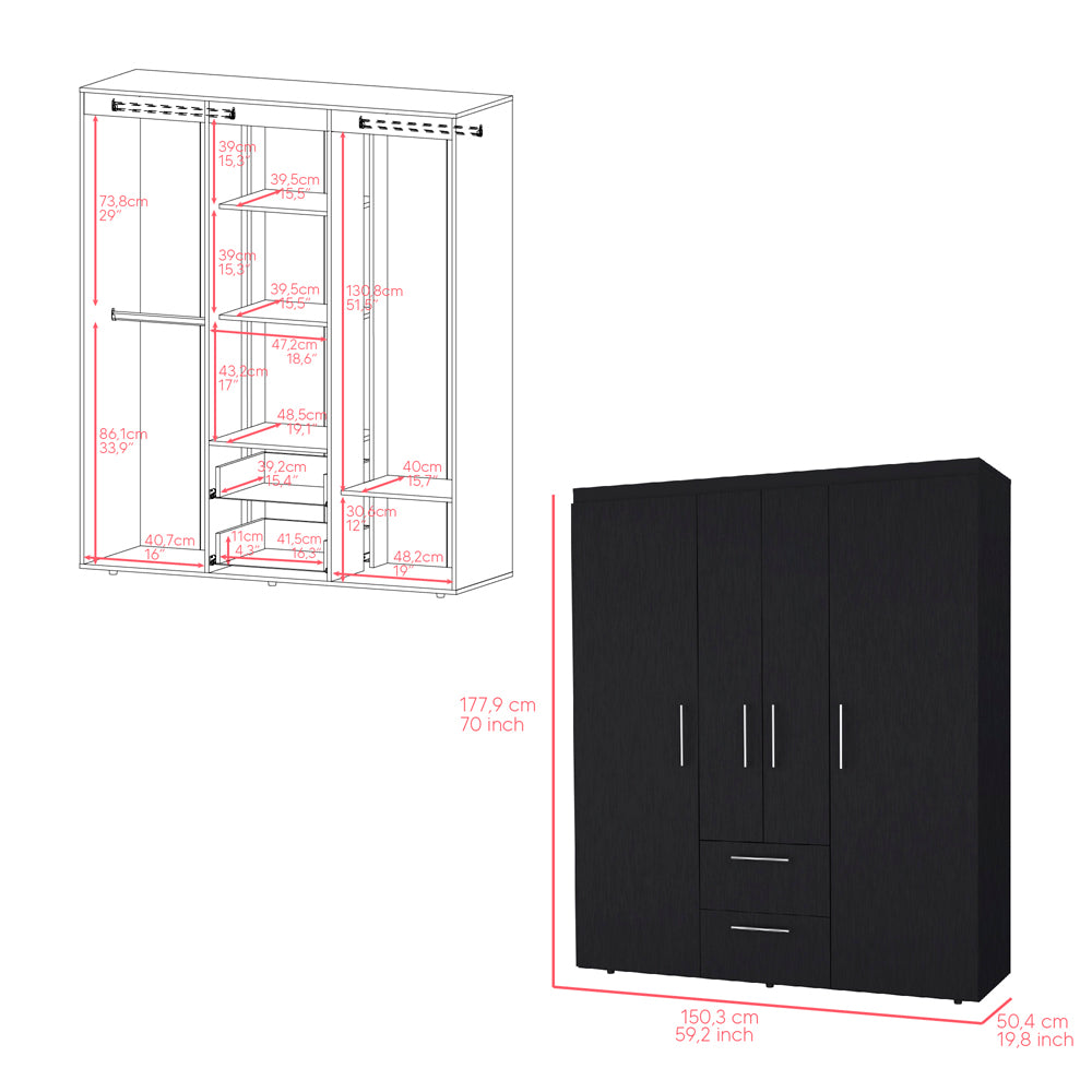 Elma Deluxe Black Armoire Closet – Large Wardrobe with Drawers, Shelves & Hanging Space – Modern Bedroom Storage Cabinet