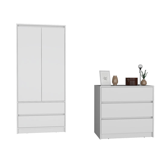 Lewes 2-Piece White Bedroom Set – Closher Armoire with Double Drawers & Metal Rod + Compact Maldus Dresser