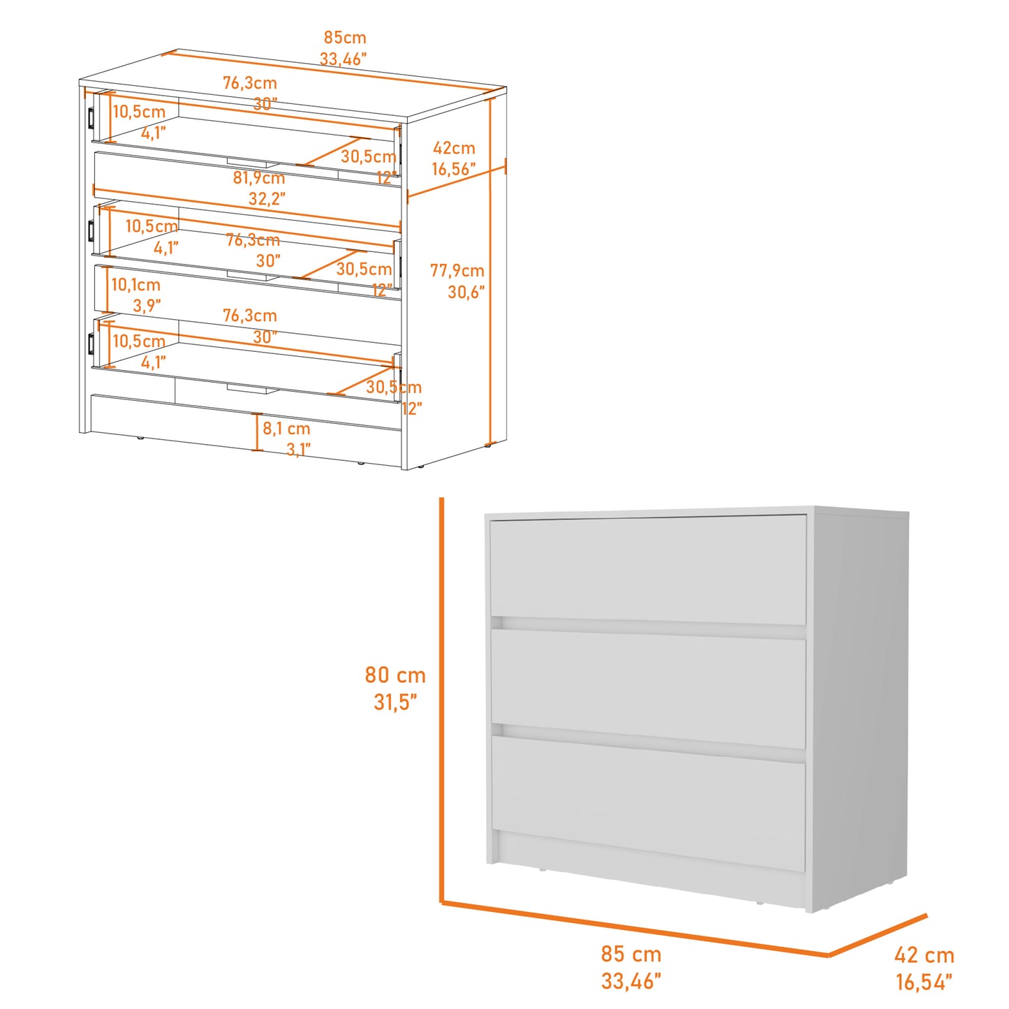 Lewes 2-Piece White Bedroom Set – Closher Armoire with Double Drawers & Metal Rod + Compact Maldus Dresser