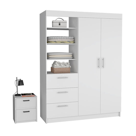 Karval 2-Piece White Bedroom Set – Spacious Armoire with Shelves & Drawers + Compact Nightstand