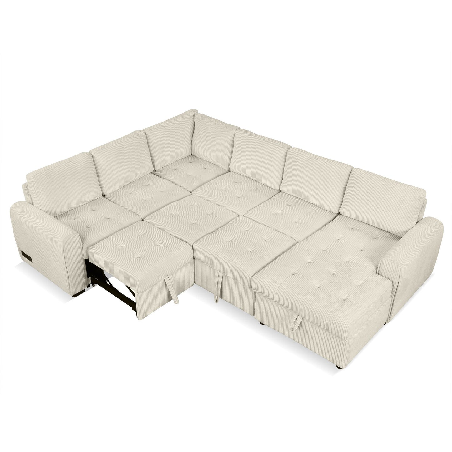 Beige U-Shaped Corduroy Sofa – Spacious 5-Seat Sectional with Pocket Springs, Removable Backrests & Durable Plywood Frame