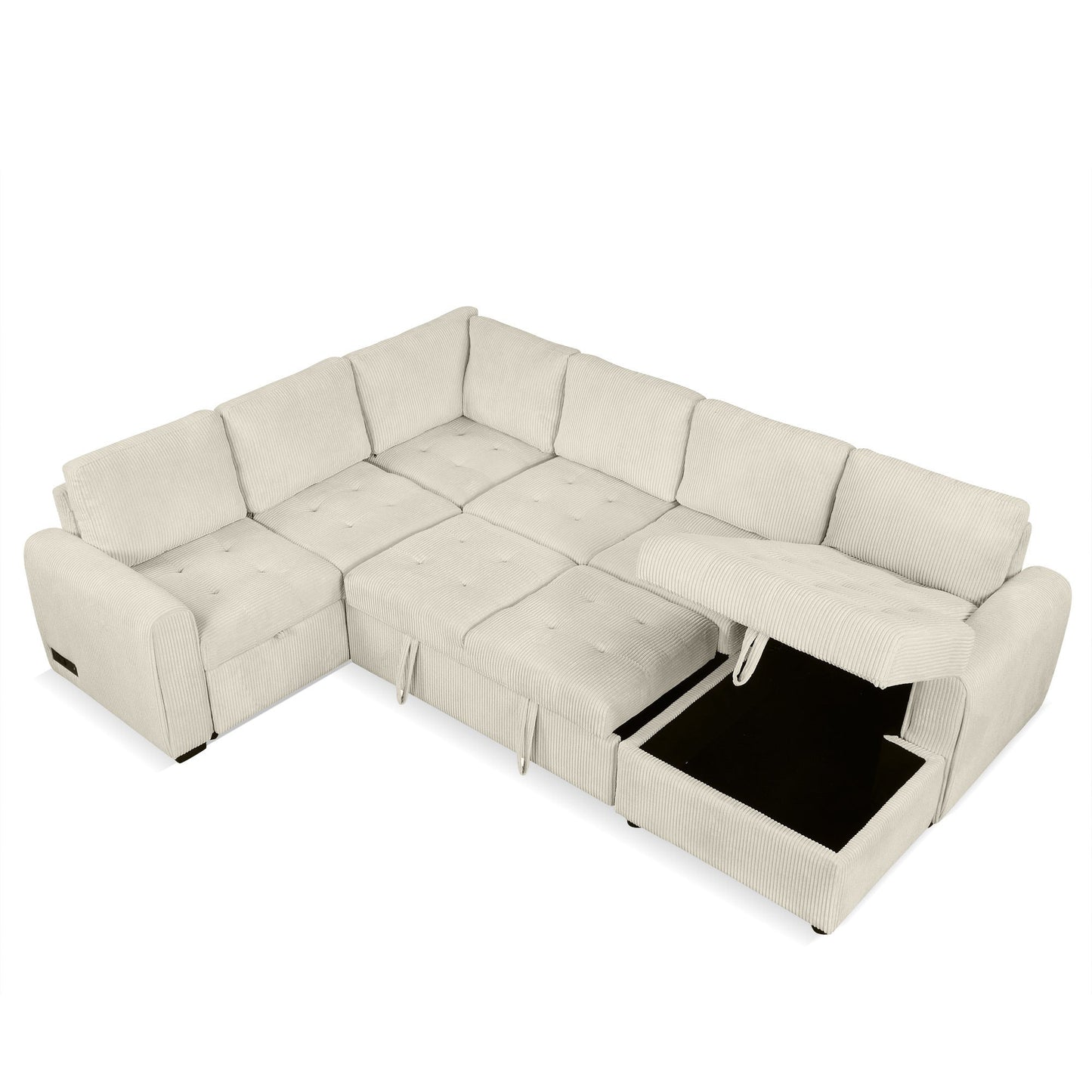 Beige U-Shaped Corduroy Sofa – Spacious 5-Seat Sectional with Pocket Springs, Removable Backrests & Durable Plywood Frame