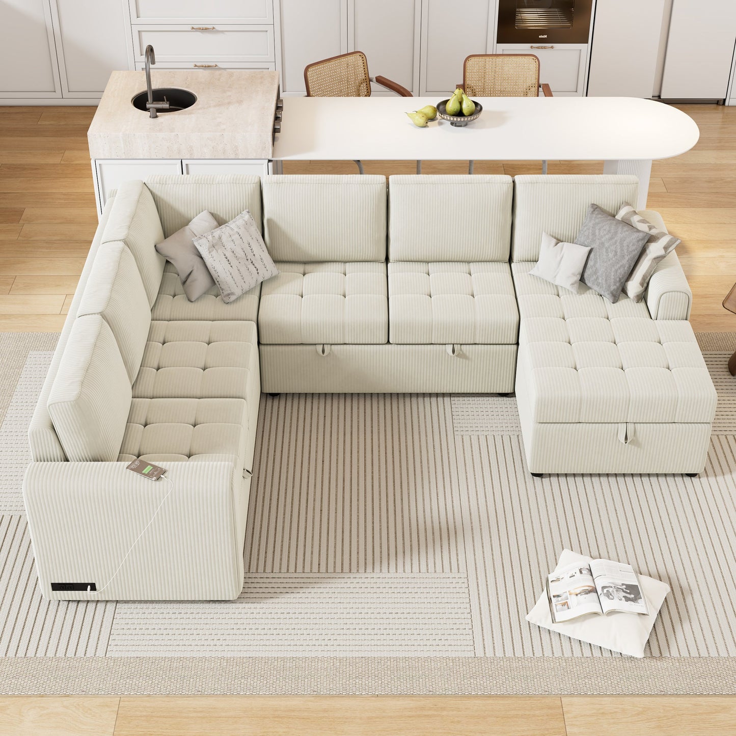 Beige U-Shaped Corduroy Sofa – Spacious 5-Seat Sectional with Pocket Springs, Removable Backrests & Durable Plywood Frame