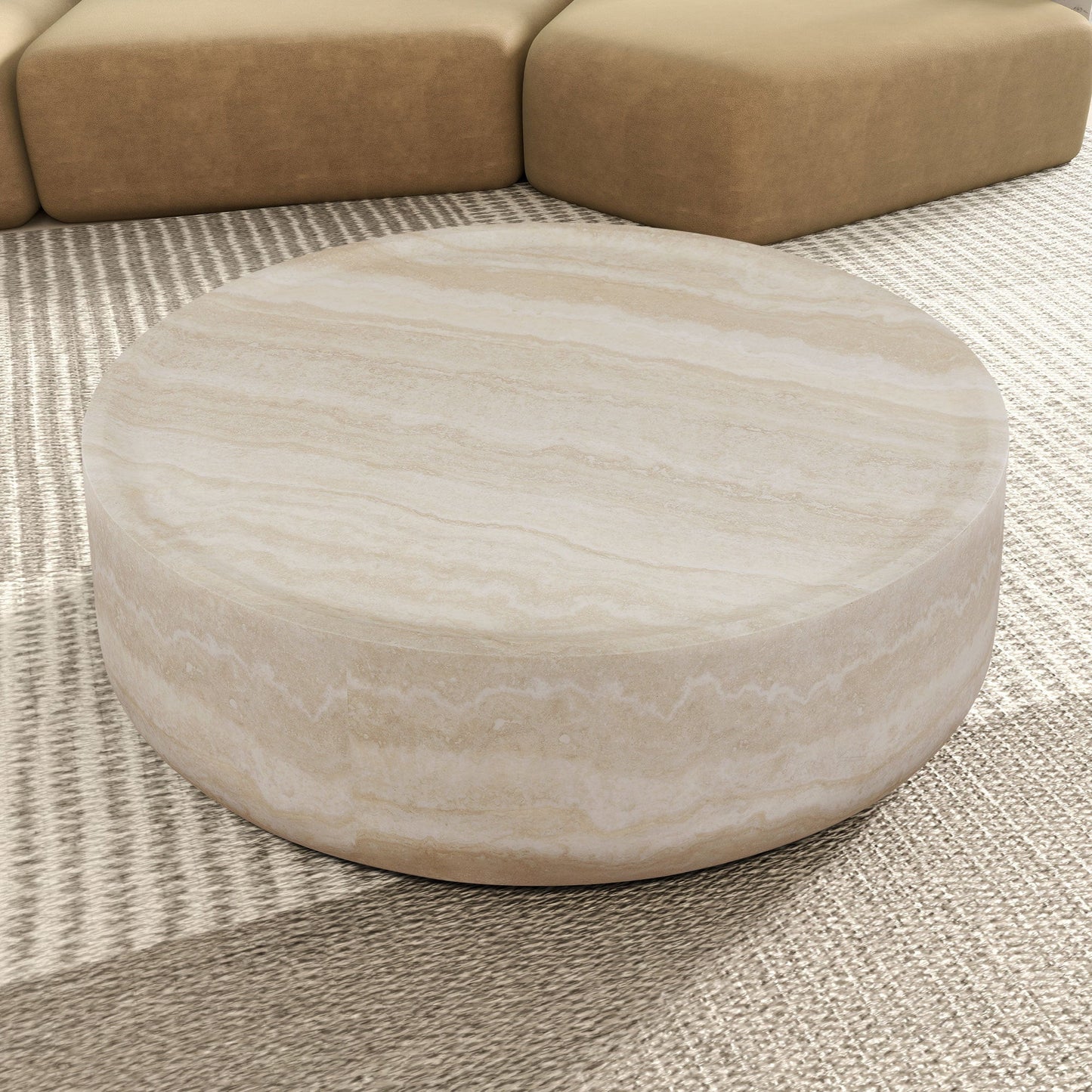 Modern Round Fiberglass Coffee Table – Faux Travertine Finish, 31.5” Low Profile, No Assembly Required – Stylish Living Room Accent Table