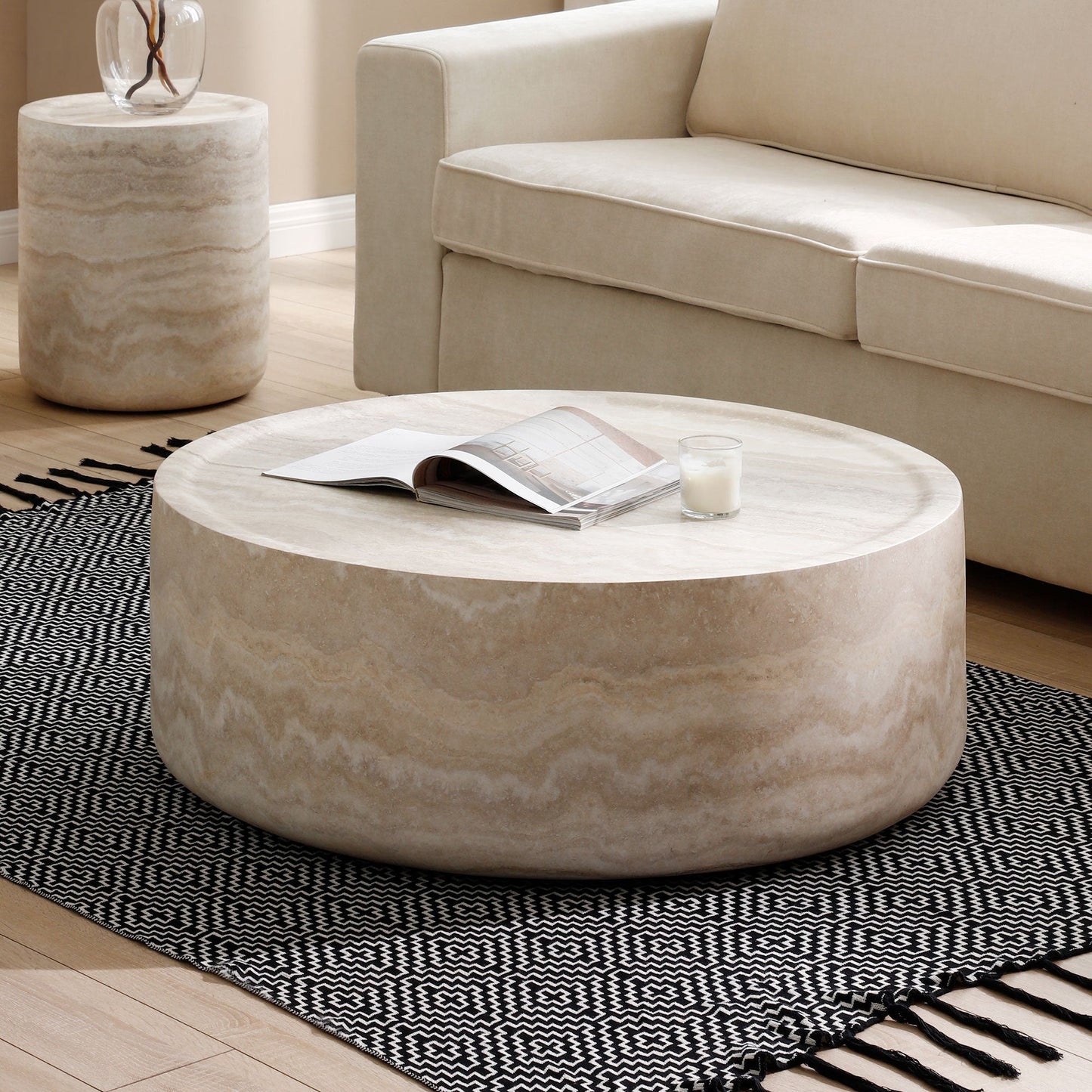 Modern Round Fiberglass Coffee Table – Faux Travertine Finish, 31.5” Low Profile, No Assembly Required – Stylish Living Room Accent Table