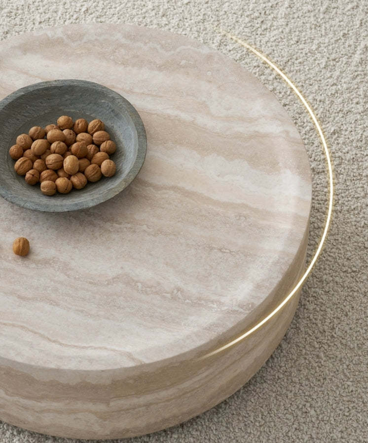 Modern Round Fiberglass Coffee Table – Faux Travertine Finish, 31.5” Low Profile, No Assembly Required – Stylish Living Room Accent Table
