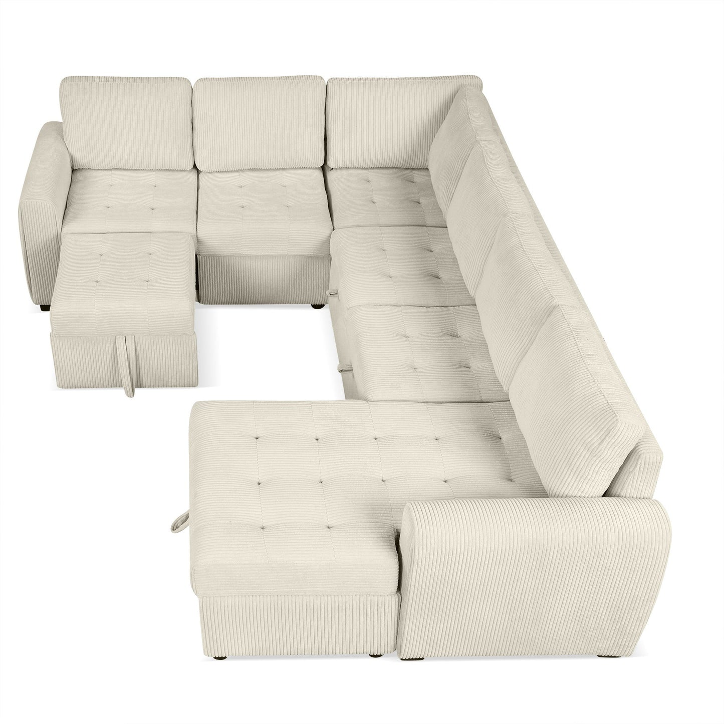 Beige U-Shaped Corduroy Sofa – Spacious 5-Seat Sectional with Pocket Springs, Removable Backrests & Durable Plywood Frame