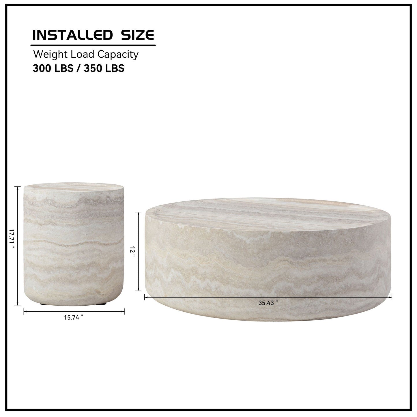 Set of 2 Modern Faux Travertine Round Tables – 35.4" Coffee Table & Matching Side Table – No Assembly, Durable Fiberglass, Marble Finish