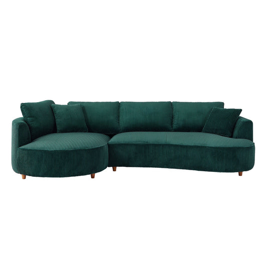 Oversized Modern Sectional Sofa with Left Chaise – Green Corduroy Upholstery, 6 Throw Pillows