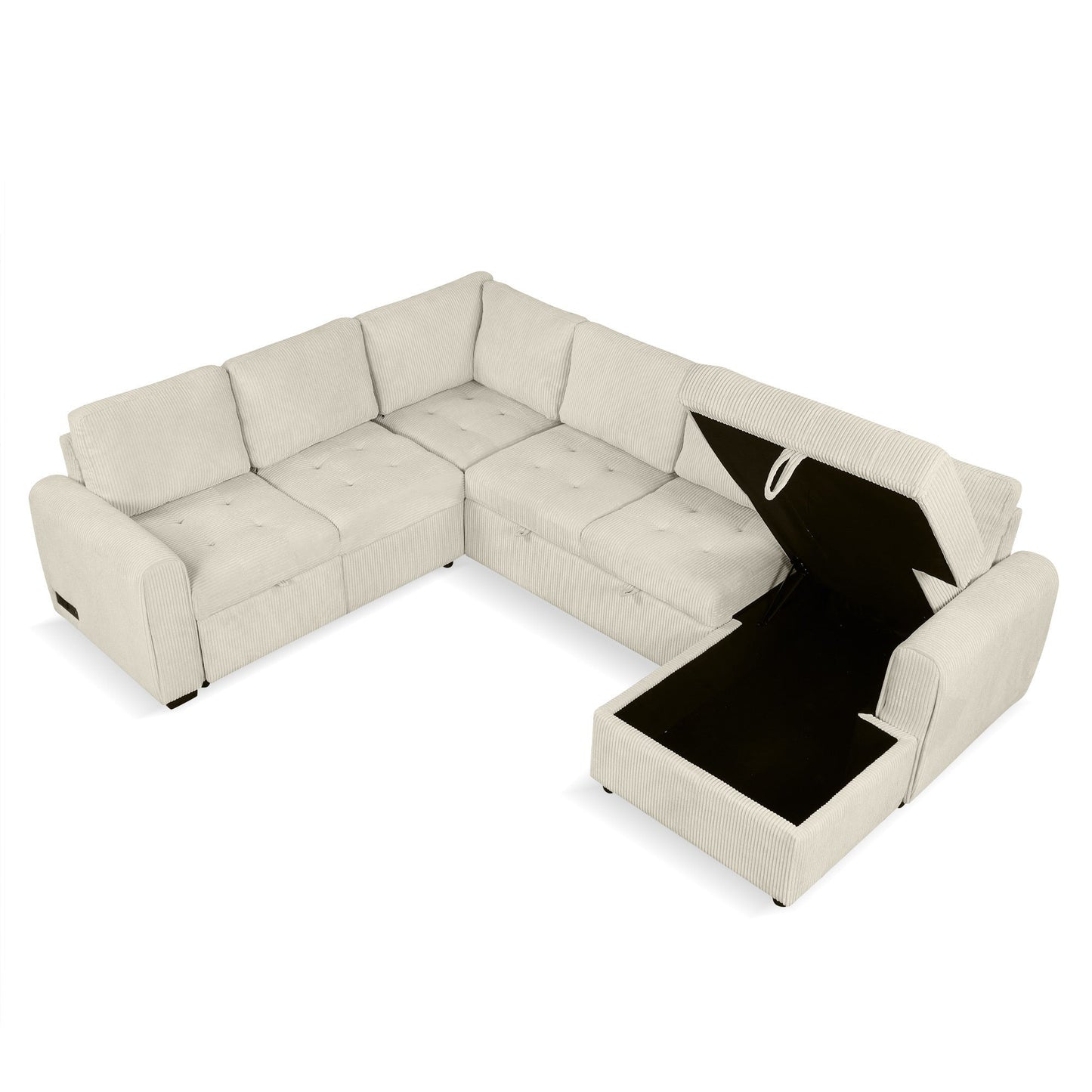 Beige U-Shaped Corduroy Sofa – Spacious 5-Seat Sectional with Pocket Springs, Removable Backrests & Durable Plywood Frame