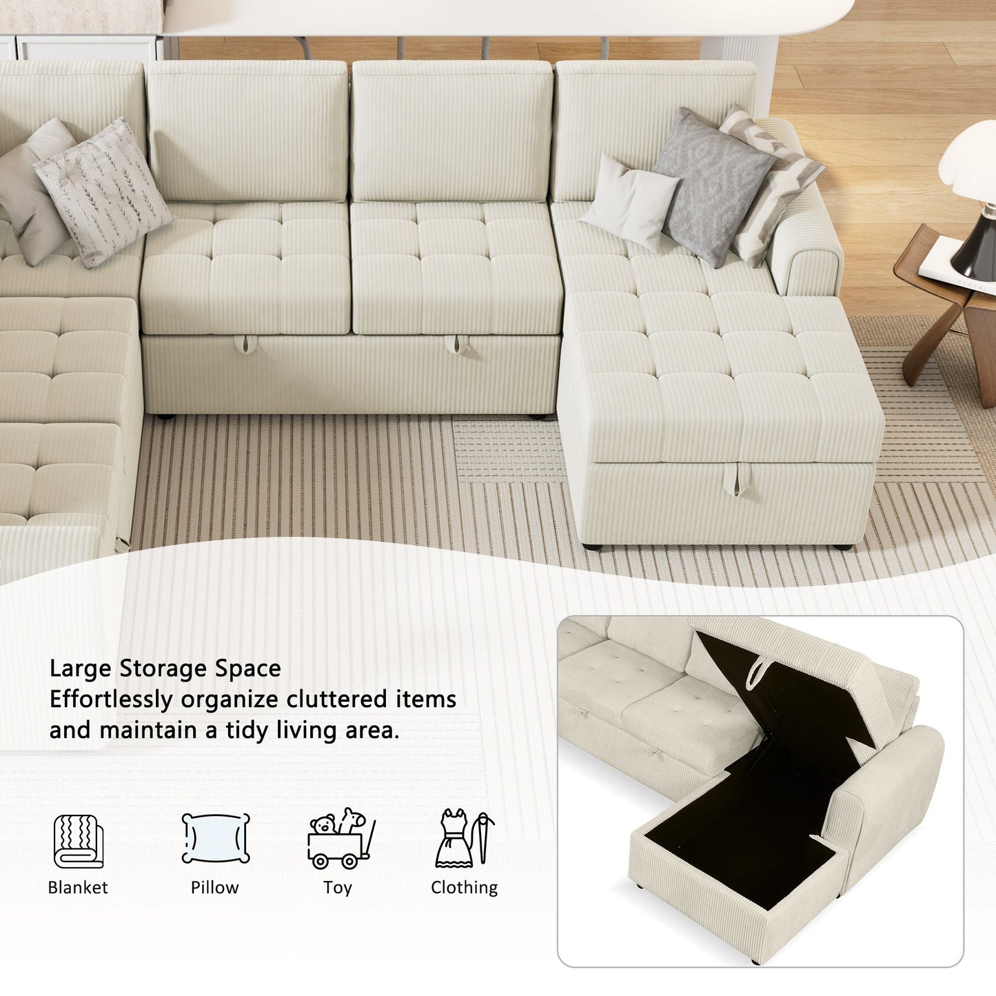 Beige U-Shaped Corduroy Sofa – Spacious 5-Seat Sectional with Pocket Springs, Removable Backrests & Durable Plywood Frame