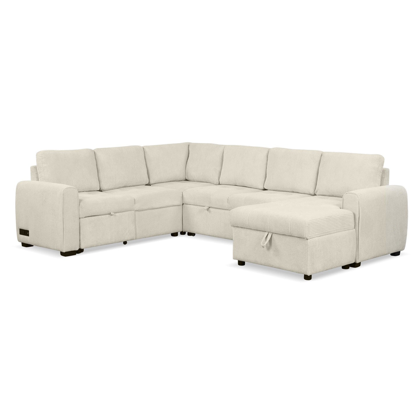 Beige U-Shaped Corduroy Sofa – Spacious 5-Seat Sectional with Pocket Springs, Removable Backrests & Durable Plywood Frame