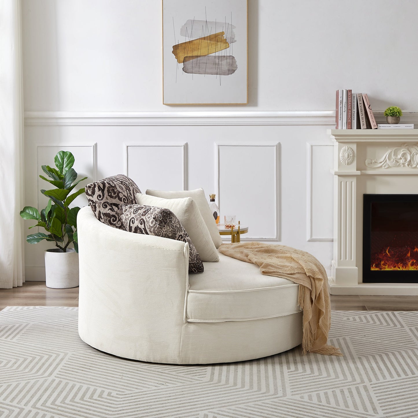 Beige 360° Swivel Accent Chair – Corduroy Upholstery with Detachable Pillows
