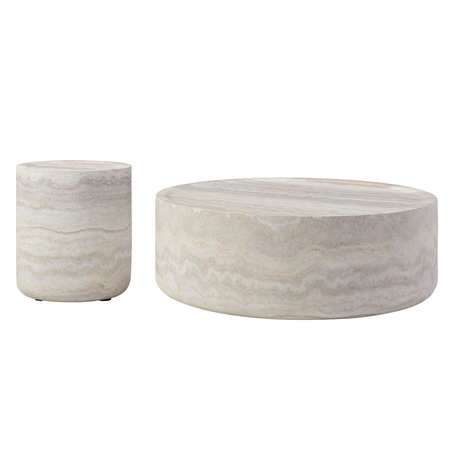 Set of 2 Modern Faux Travertine Round Tables – 35.4" Coffee Table & Matching Side Table – No Assembly, Durable Fiberglass, Marble Finish