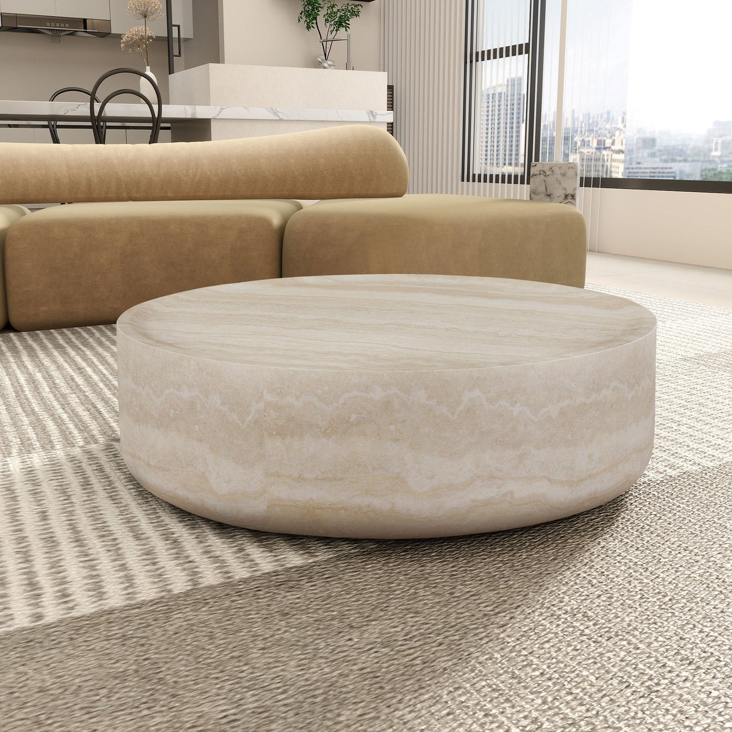 Modern Round Fiberglass Coffee Table – Faux Travertine Finish, 31.5” Low Profile, No Assembly Required – Stylish Living Room Accent Table