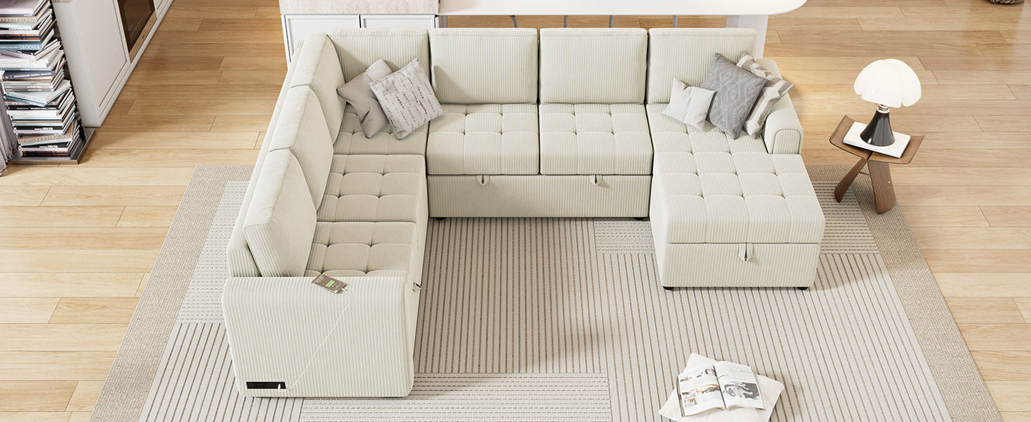 Beige U-Shaped Corduroy Sofa – Spacious 5-Seat Sectional with Pocket Springs, Removable Backrests & Durable Plywood Frame