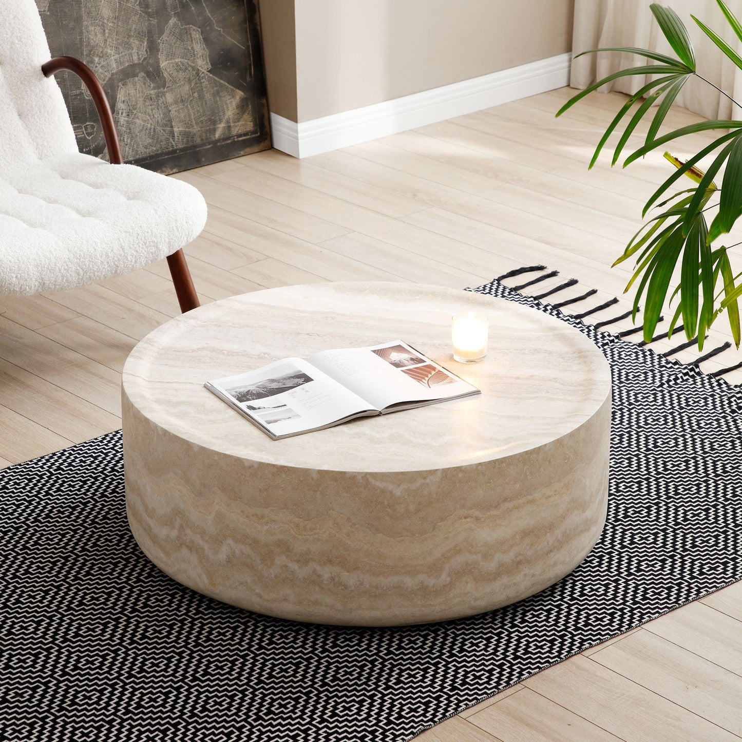 Modern Round Fiberglass Coffee Table – Faux Travertine Finish, 31.5” Low Profile, No Assembly Required – Stylish Living Room Accent Table