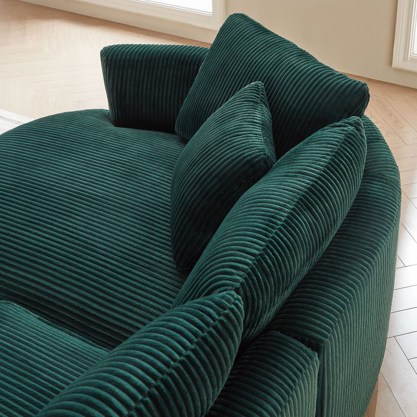 Oversized Modern Sectional Sofa with Left Chaise – Green Corduroy Upholstery, 6 Throw Pillows