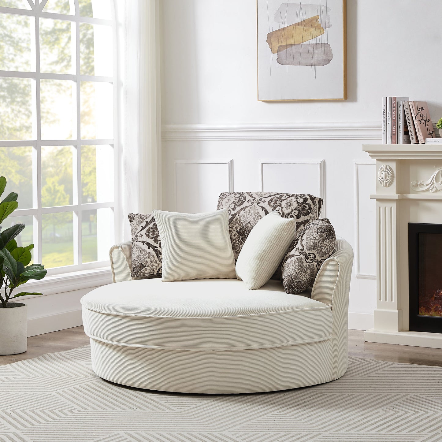 Beige 360° Swivel Accent Chair – Corduroy Upholstery with Detachable Pillows