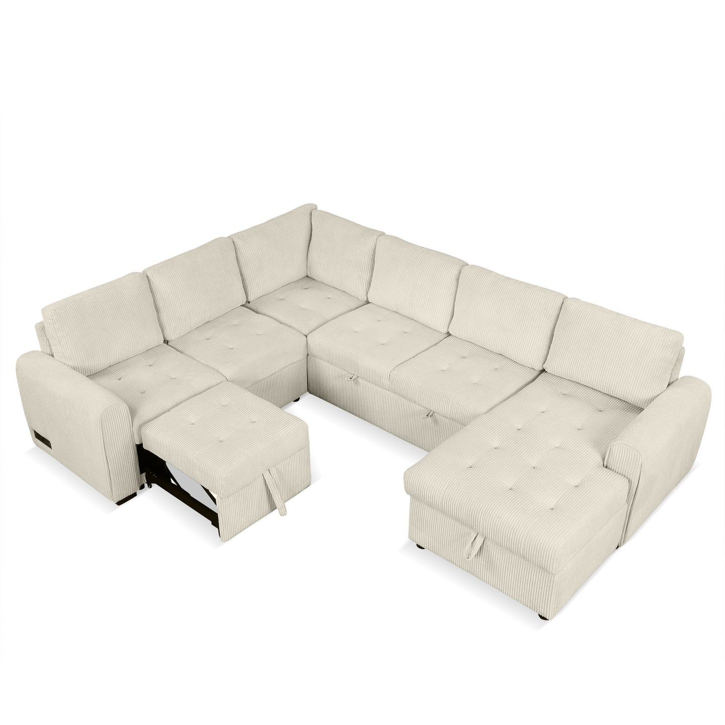 Beige U-Shaped Corduroy Sofa – Spacious 5-Seat Sectional with Pocket Springs, Removable Backrests & Durable Plywood Frame