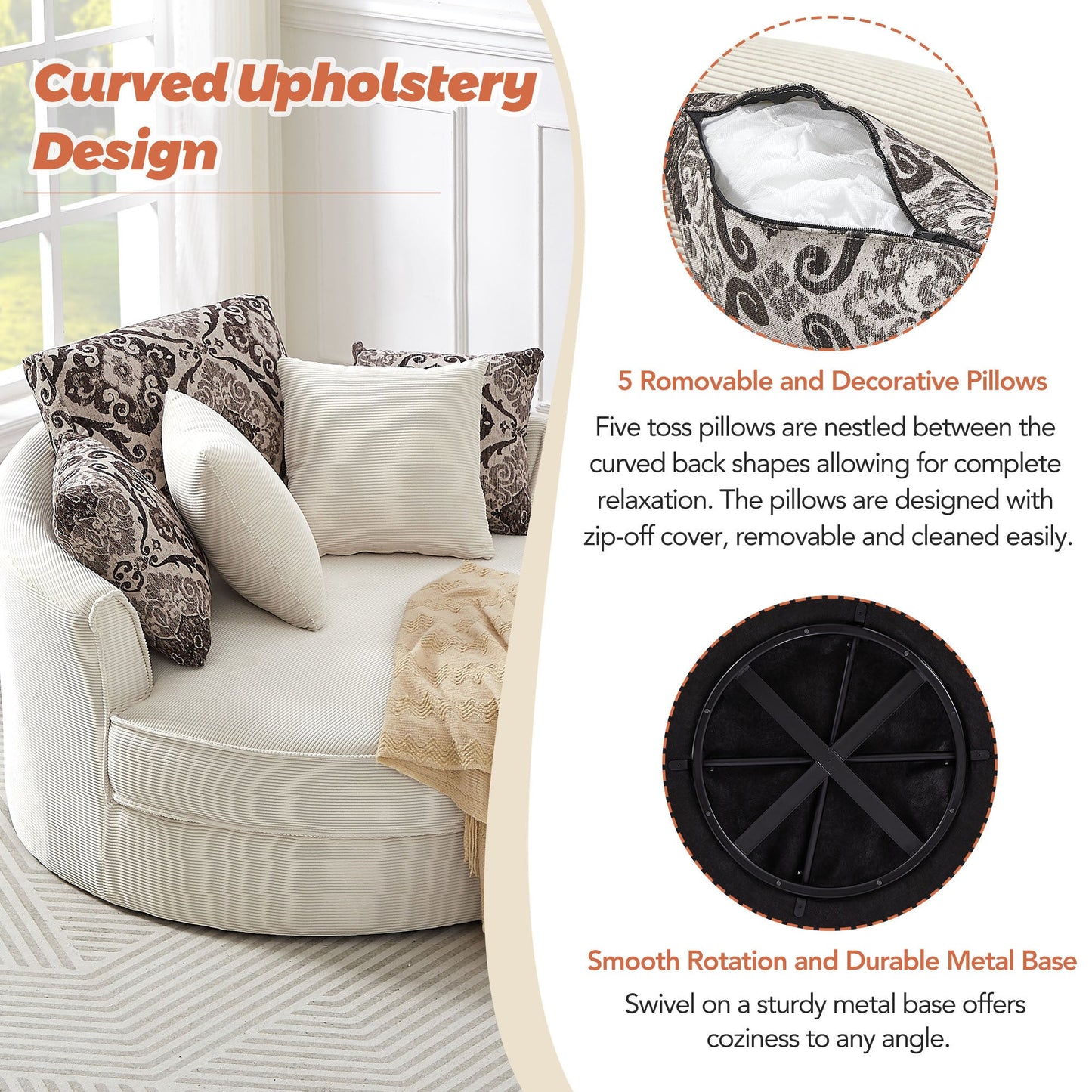 Beige 360° Swivel Accent Chair – Corduroy Upholstery with Detachable Pillows