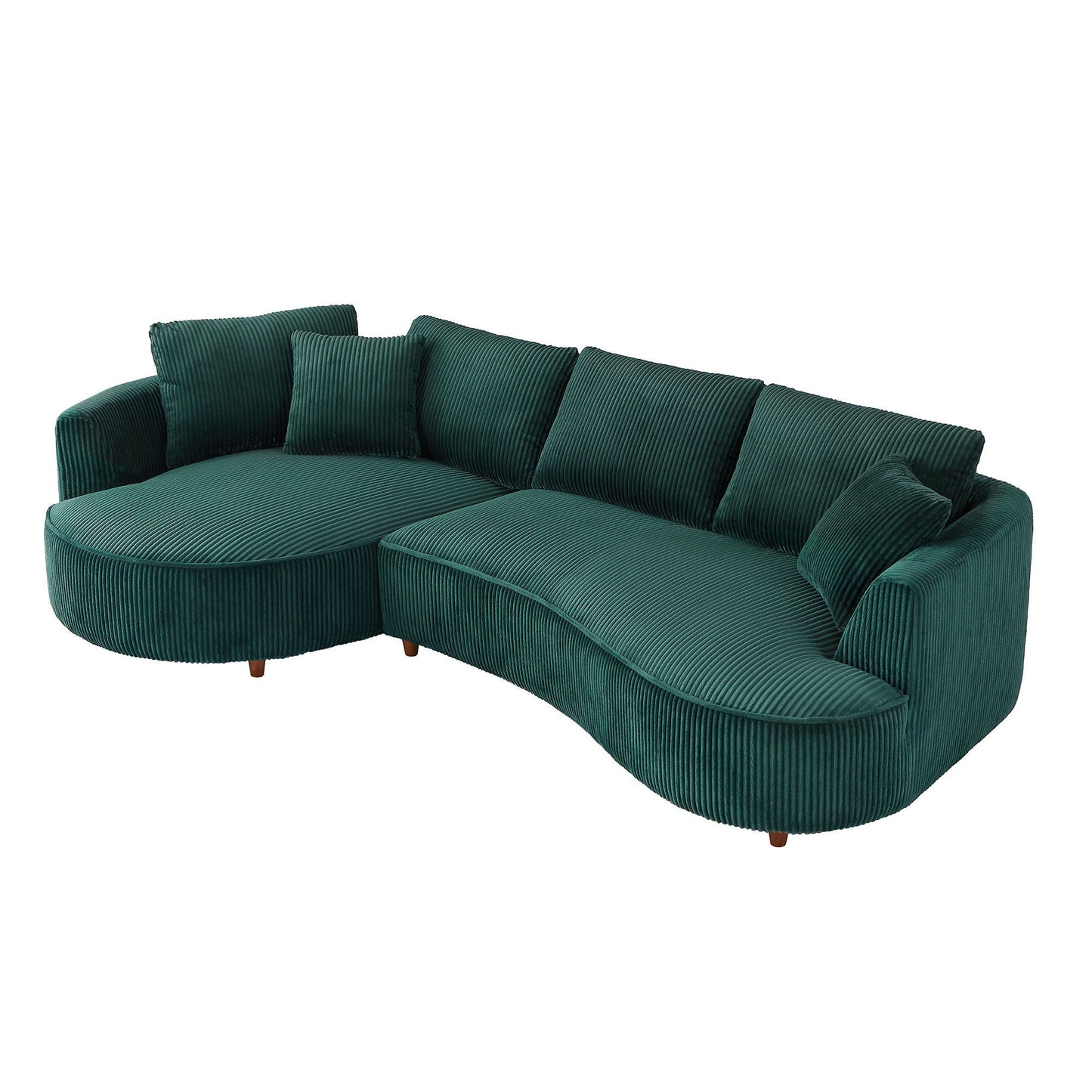 Oversized Modern Sectional Sofa with Left Chaise – Green Corduroy Upholstery, 6 Throw Pillows