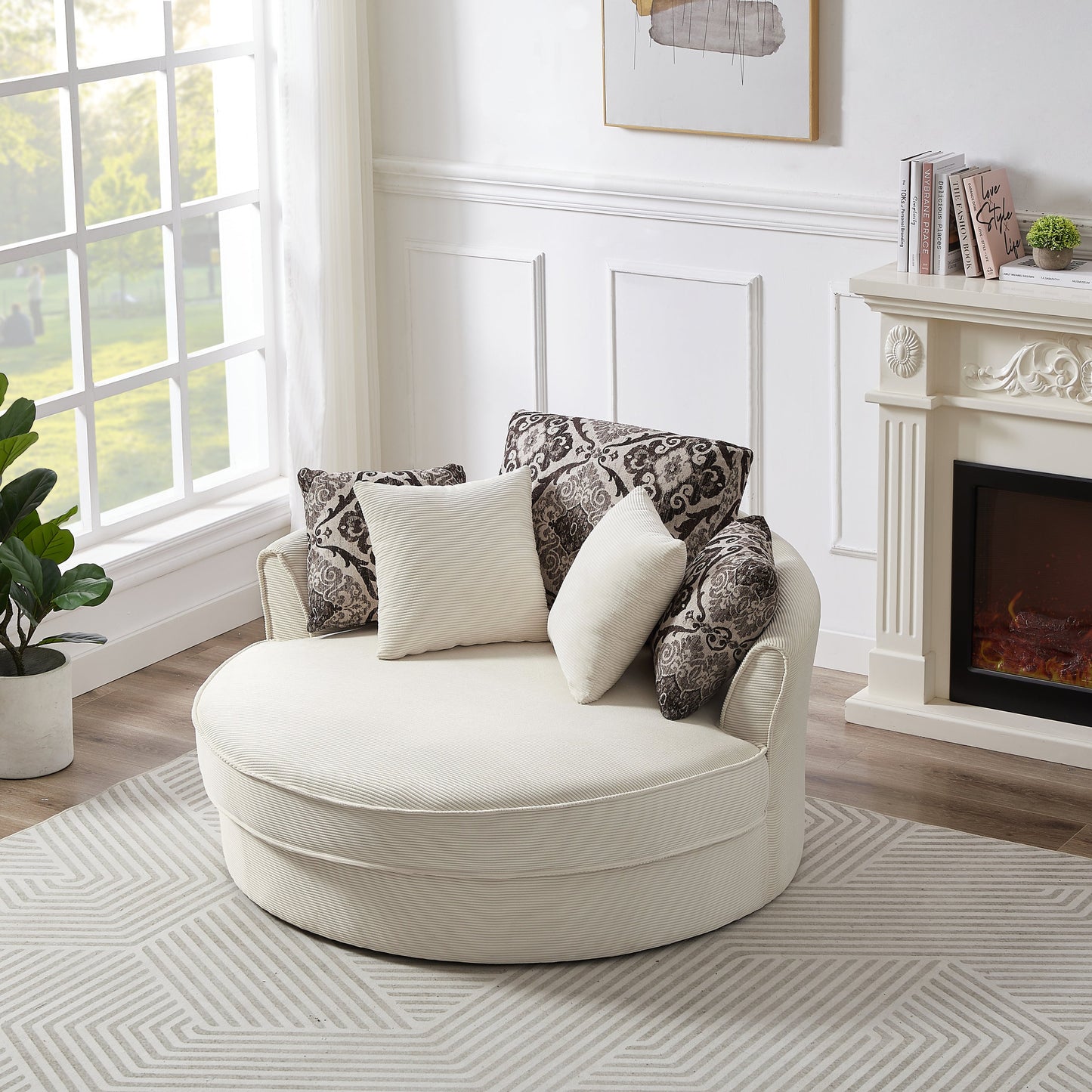 Beige 360° Swivel Accent Chair – Corduroy Upholstery with Detachable Pillows