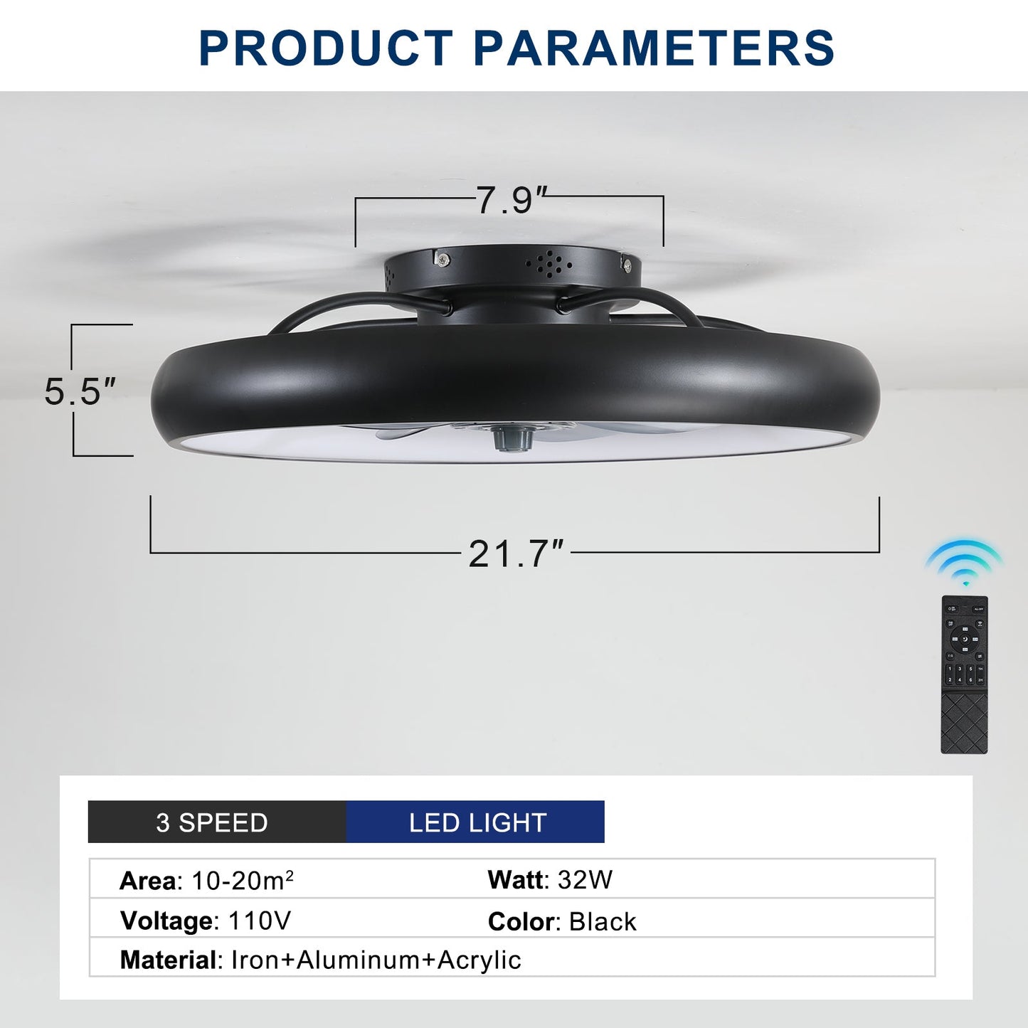 Ceiling Fan with LED Light and Remote – 6 Speeds, 32W Dimmable Light, 3 Color Modes