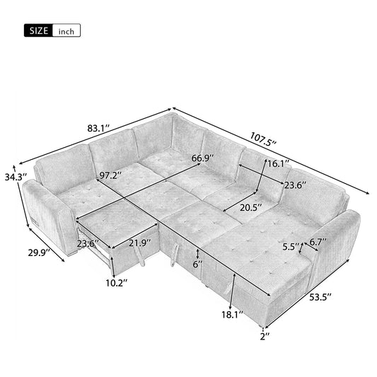 Beige U-Shaped Corduroy Sofa – Spacious 5-Seat Sectional with Pocket Springs, Removable Backrests & Durable Plywood Frame