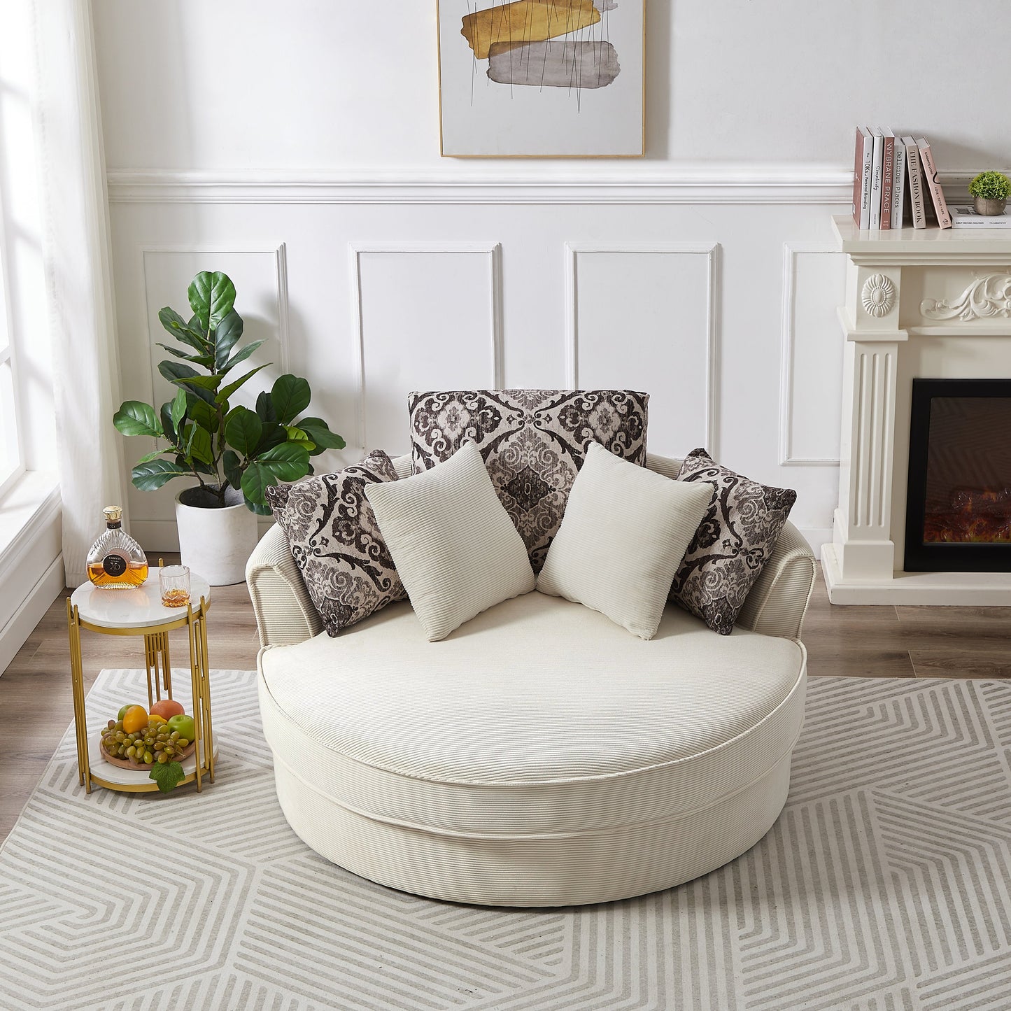 Beige 360° Swivel Accent Chair – Corduroy Upholstery with Detachable Pillows