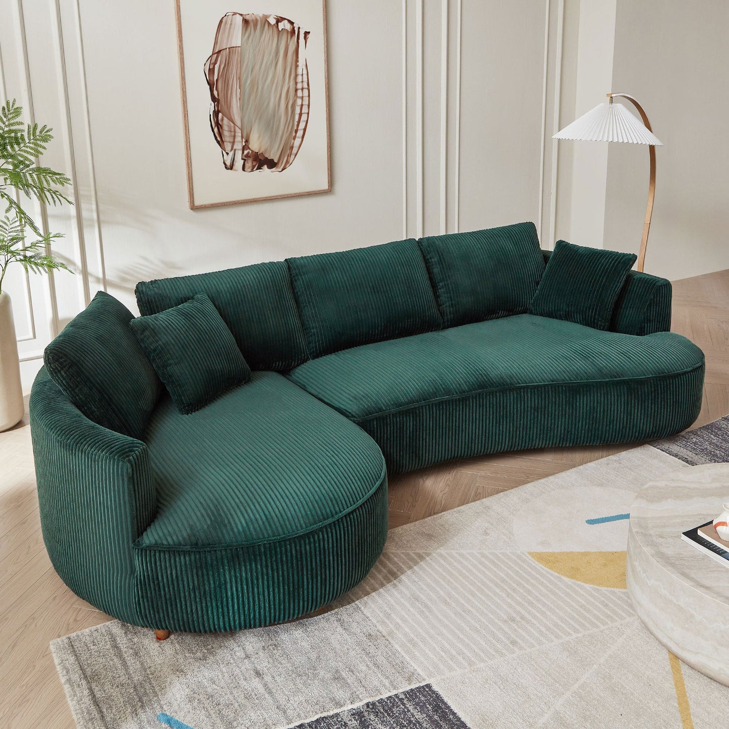 Oversized Modern Sectional Sofa with Left Chaise – Green Corduroy Upholstery, 6 Throw Pillows