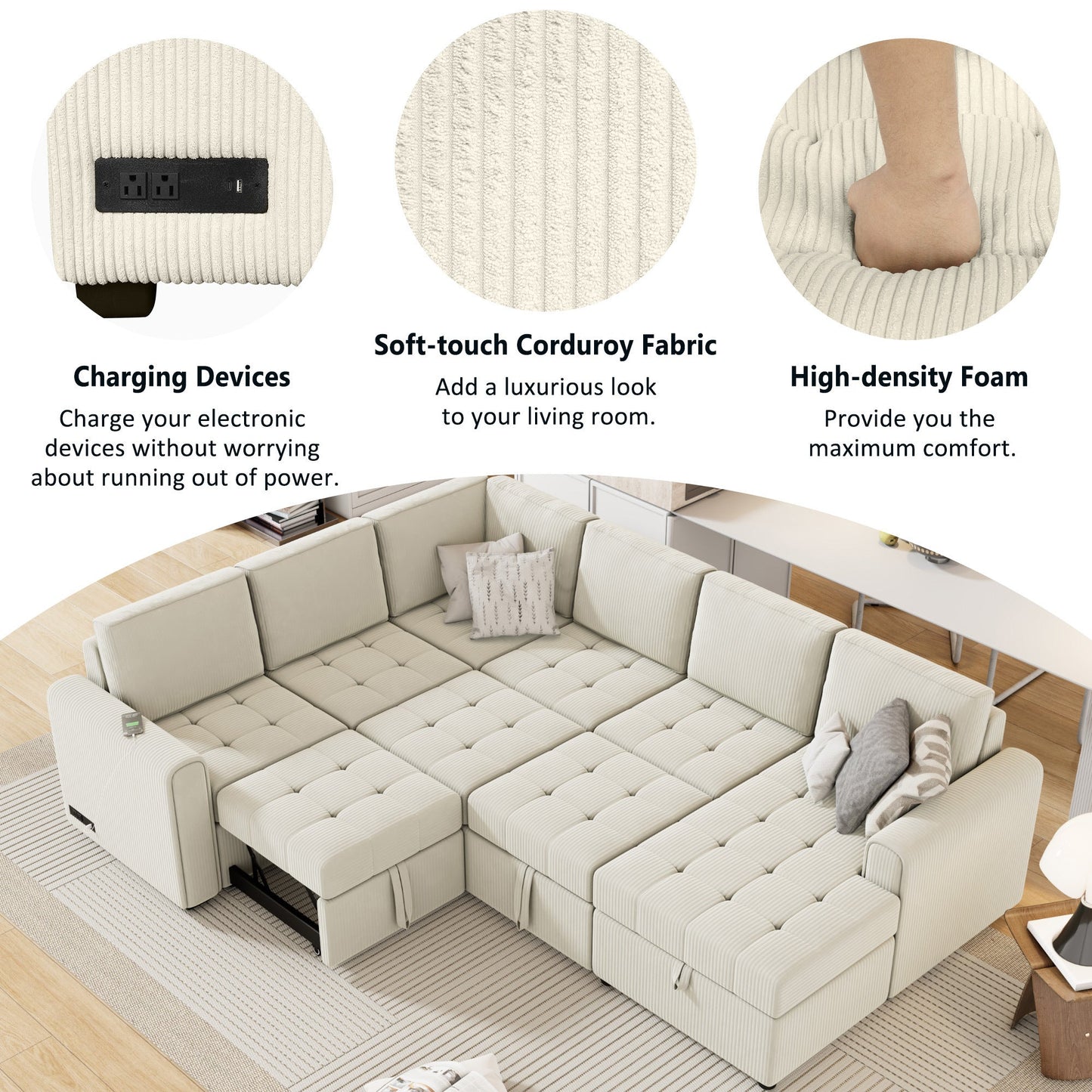 Beige U-Shaped Corduroy Sofa – Spacious 5-Seat Sectional with Pocket Springs, Removable Backrests & Durable Plywood Frame