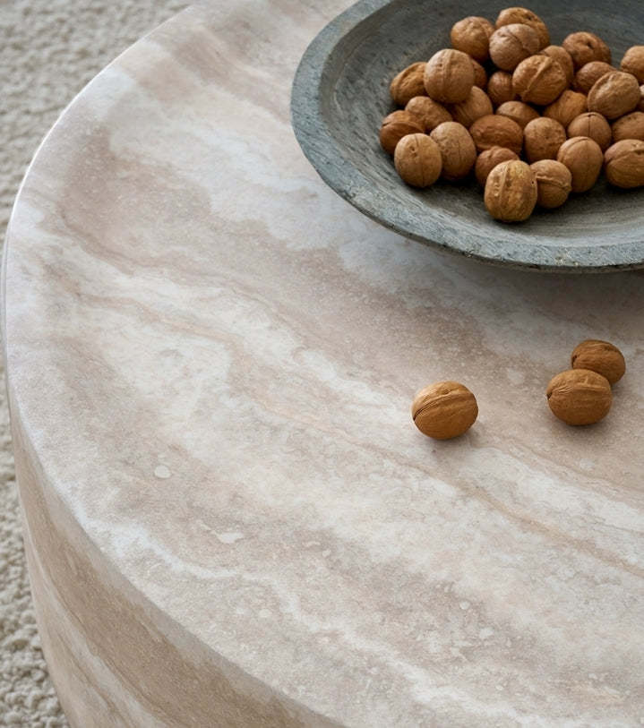 Modern Round Fiberglass Coffee Table – Faux Travertine Finish, 31.5” Low Profile, No Assembly Required – Stylish Living Room Accent Table