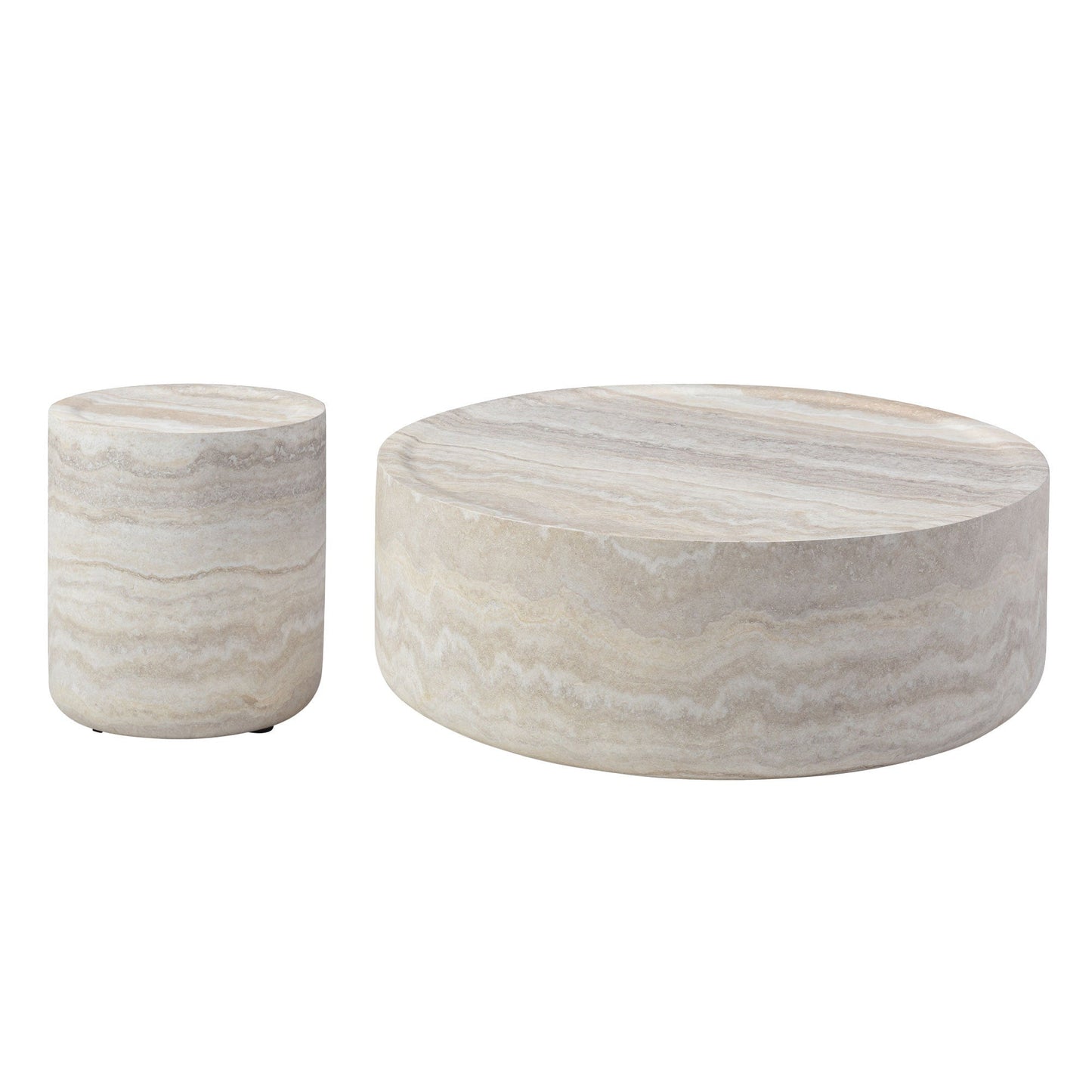 Set of 2 Modern Faux Travertine Round Tables – 35.4" Coffee Table & Matching Side Table – No Assembly, Durable Fiberglass, Marble Finish