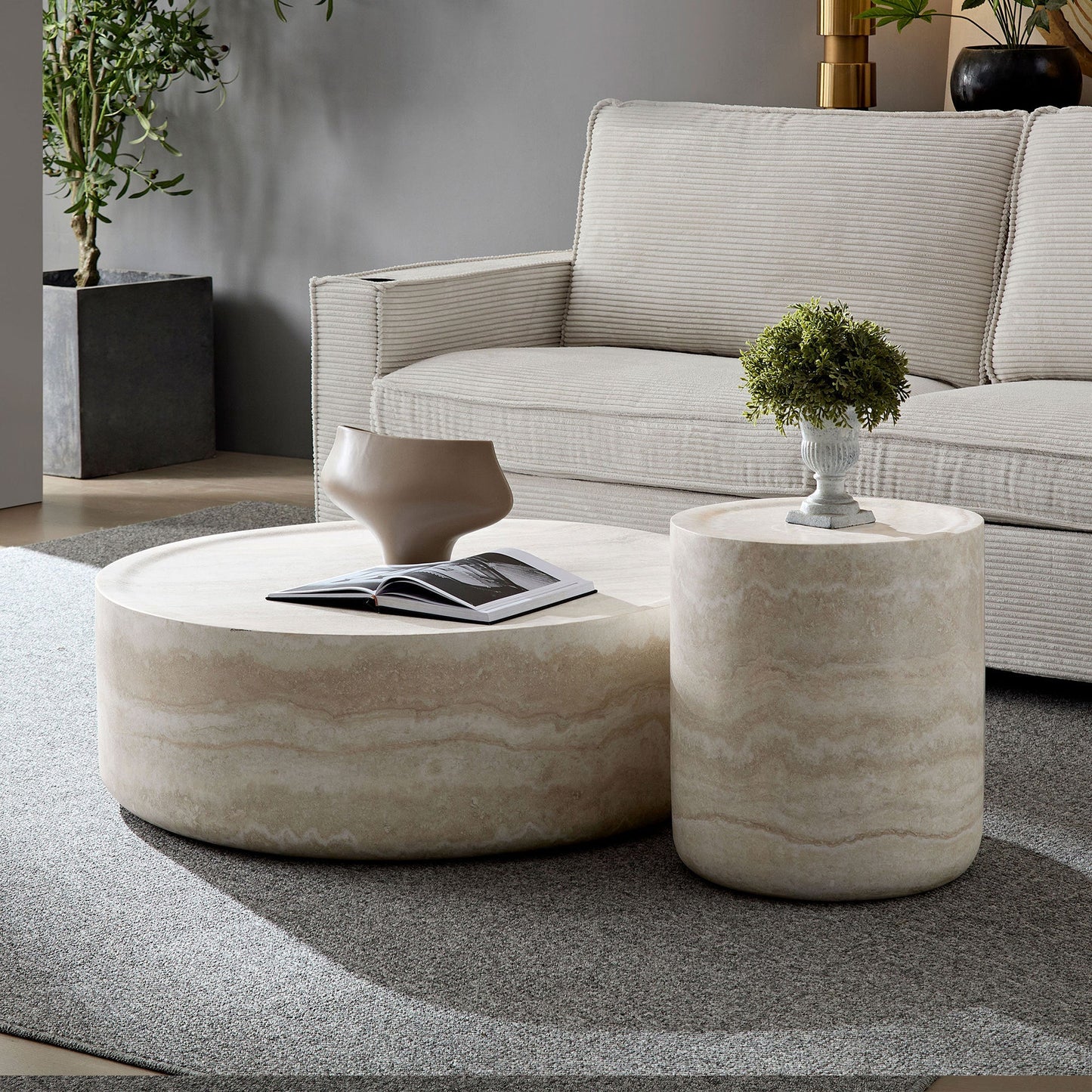 Set of 2 Modern Faux Travertine Round Tables – 35.4" Coffee Table & Matching Side Table – No Assembly, Durable Fiberglass, Marble Finish