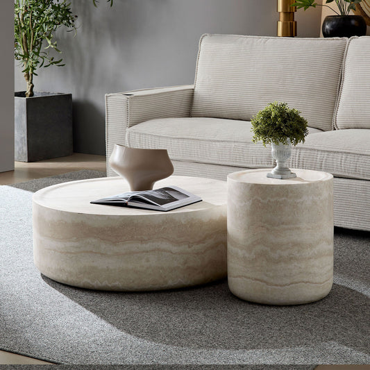 Set of 2 Modern Faux Travertine Round Tables – 35.4" Coffee Table & Matching Side Table – No Assembly, Durable Fiberglass, Marble Finish