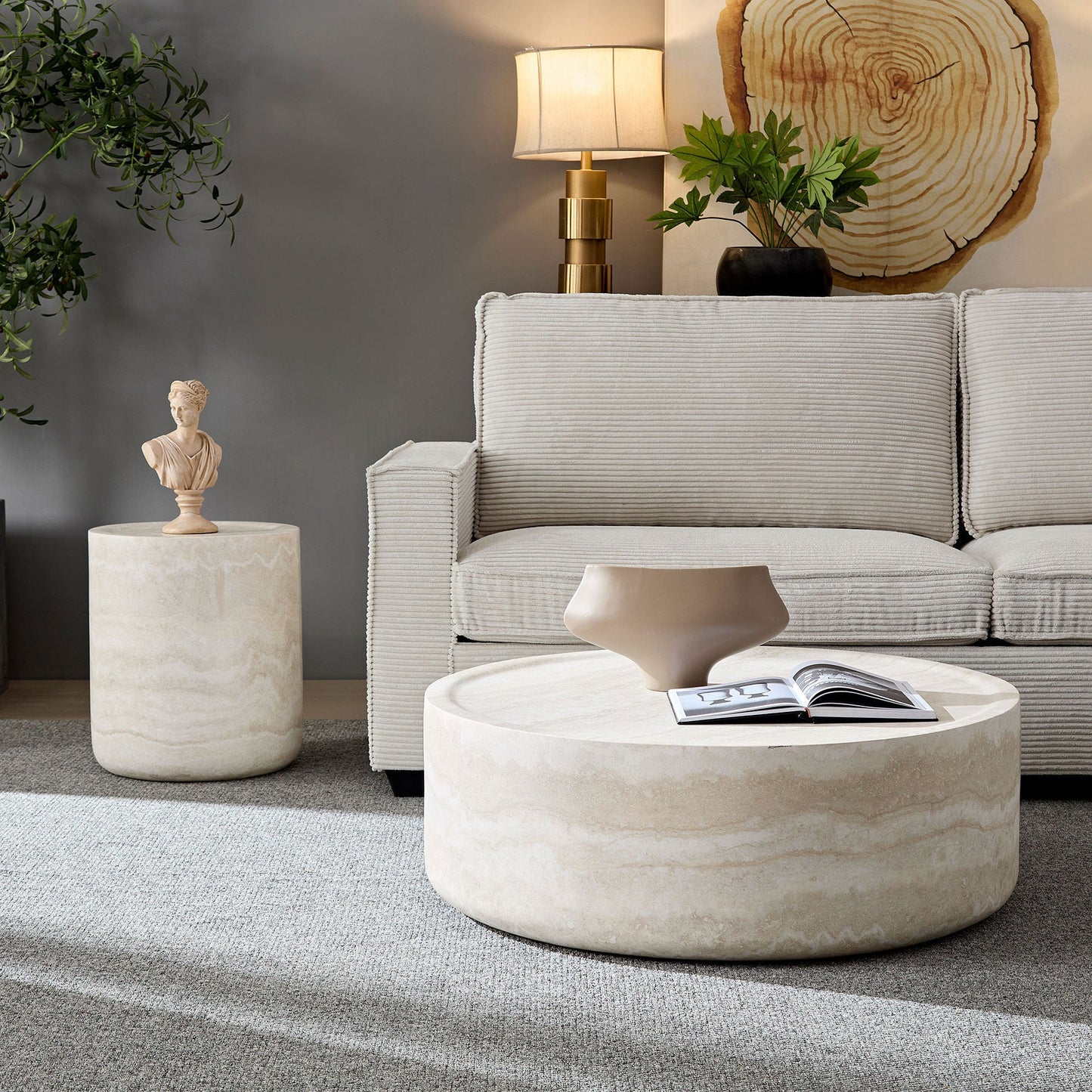 Set of 2 Modern Faux Travertine Round Tables – 35.4" Coffee Table & Matching Side Table – No Assembly, Durable Fiberglass, Marble Finish