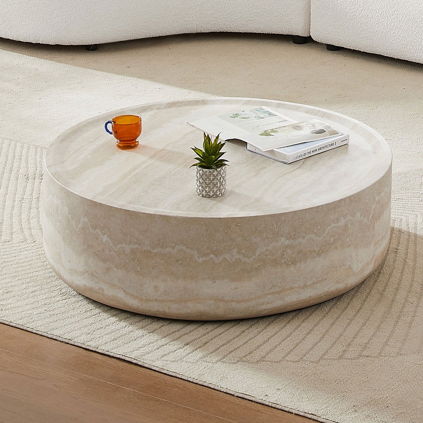 Modern Round Fiberglass Coffee Table – Faux Travertine Finish, 31.5” Low Profile, No Assembly Required – Stylish Living Room Accent Table