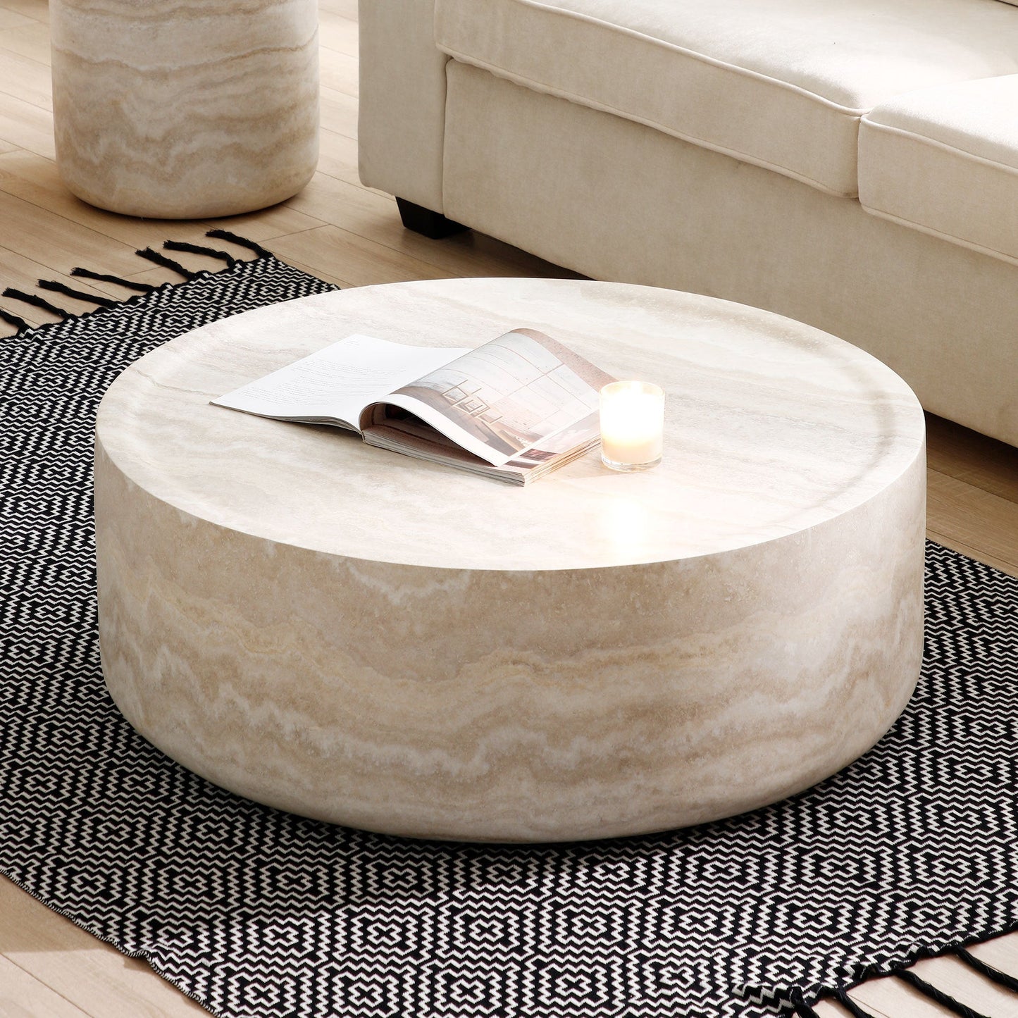 Modern Round Fiberglass Coffee Table – Faux Travertine Finish, 31.5” Low Profile, No Assembly Required – Stylish Living Room Accent Table
