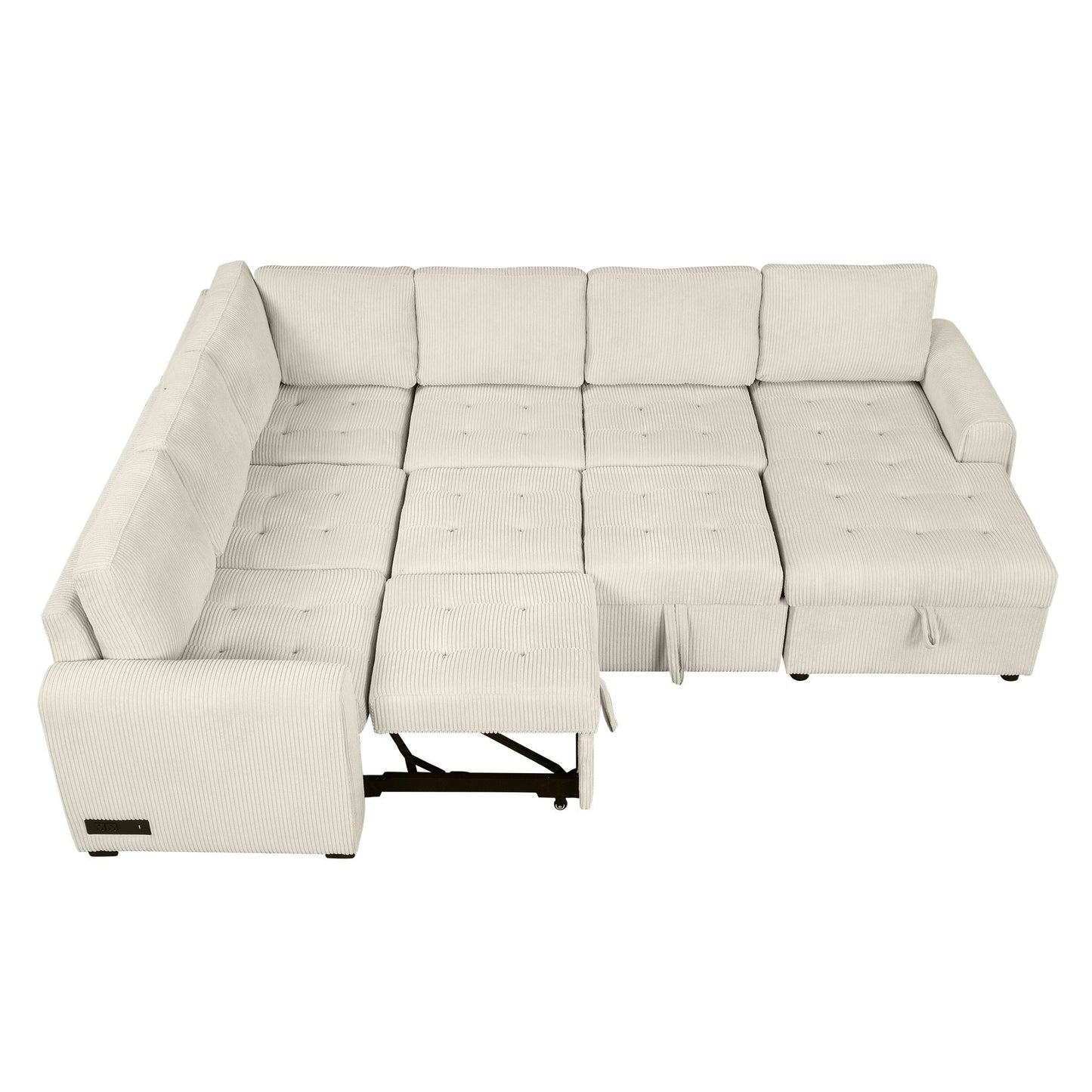 Beige U-Shaped Corduroy Sofa – Spacious 5-Seat Sectional with Pocket Springs, Removable Backrests & Durable Plywood Frame