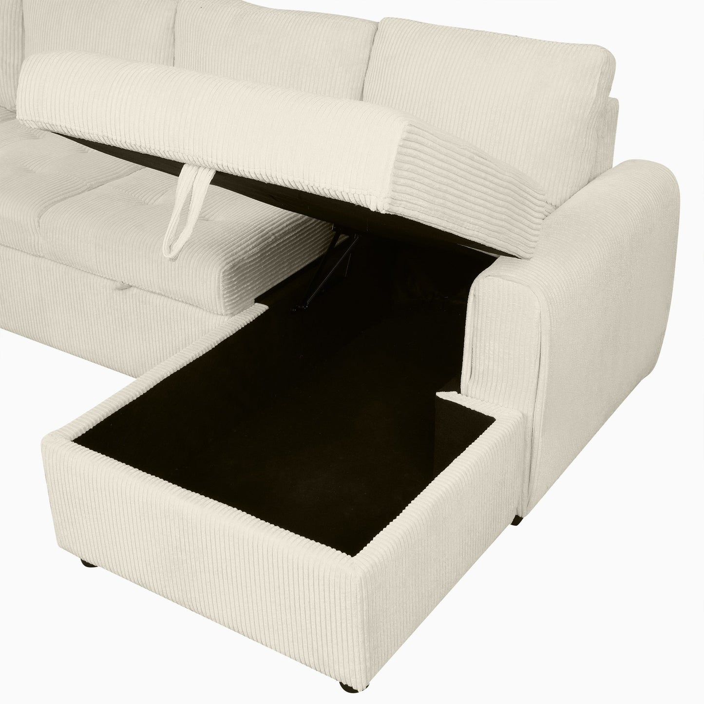 Beige U-Shaped Corduroy Sofa – Spacious 5-Seat Sectional with Pocket Springs, Removable Backrests & Durable Plywood Frame