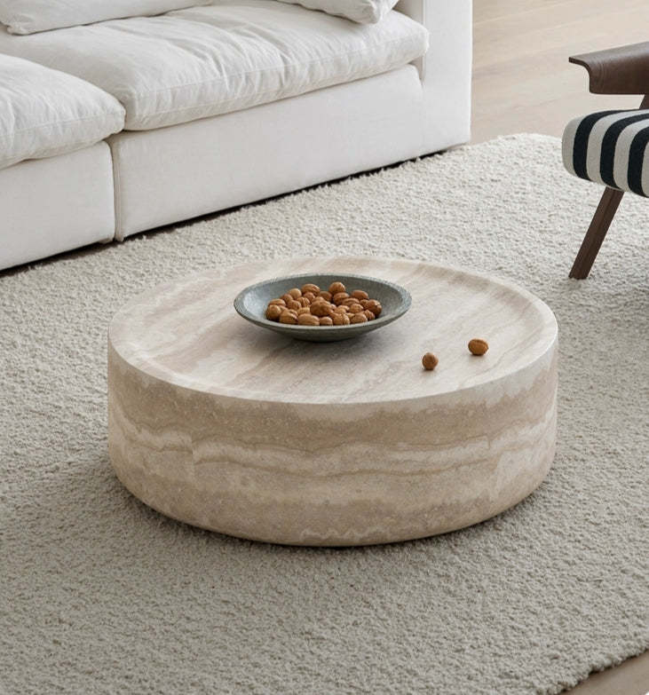 Modern Round Fiberglass Coffee Table – Faux Travertine Finish, 31.5” Low Profile, No Assembly Required – Stylish Living Room Accent Table