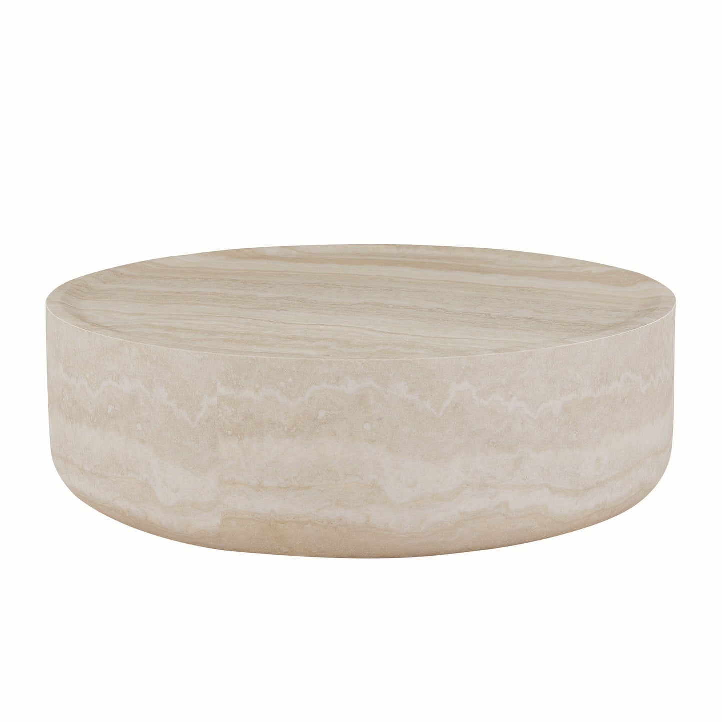 Modern Round Fiberglass Coffee Table – Faux Travertine Finish, 31.5” Low Profile, No Assembly Required – Stylish Living Room Accent Table