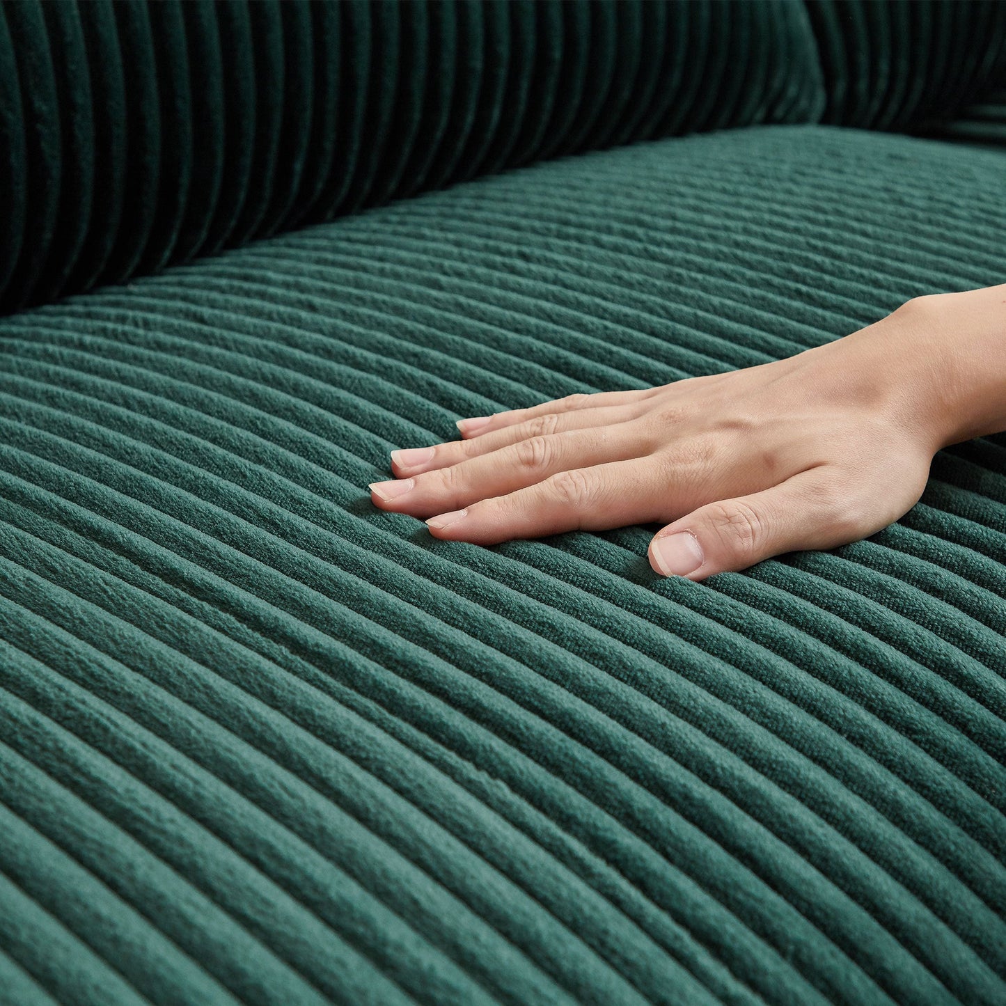 Oversized Modern Sectional Sofa with Left Chaise – Green Corduroy Upholstery, 6 Throw Pillows